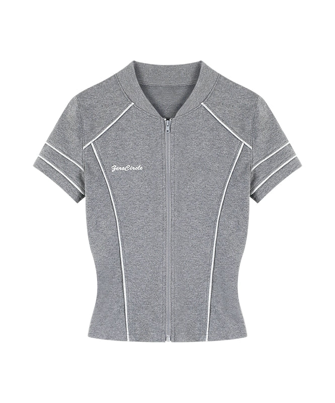 野生zero 黑灰色拉链开衫针织上衣女夏季辣妹修身显瘦正肩短袖t恤