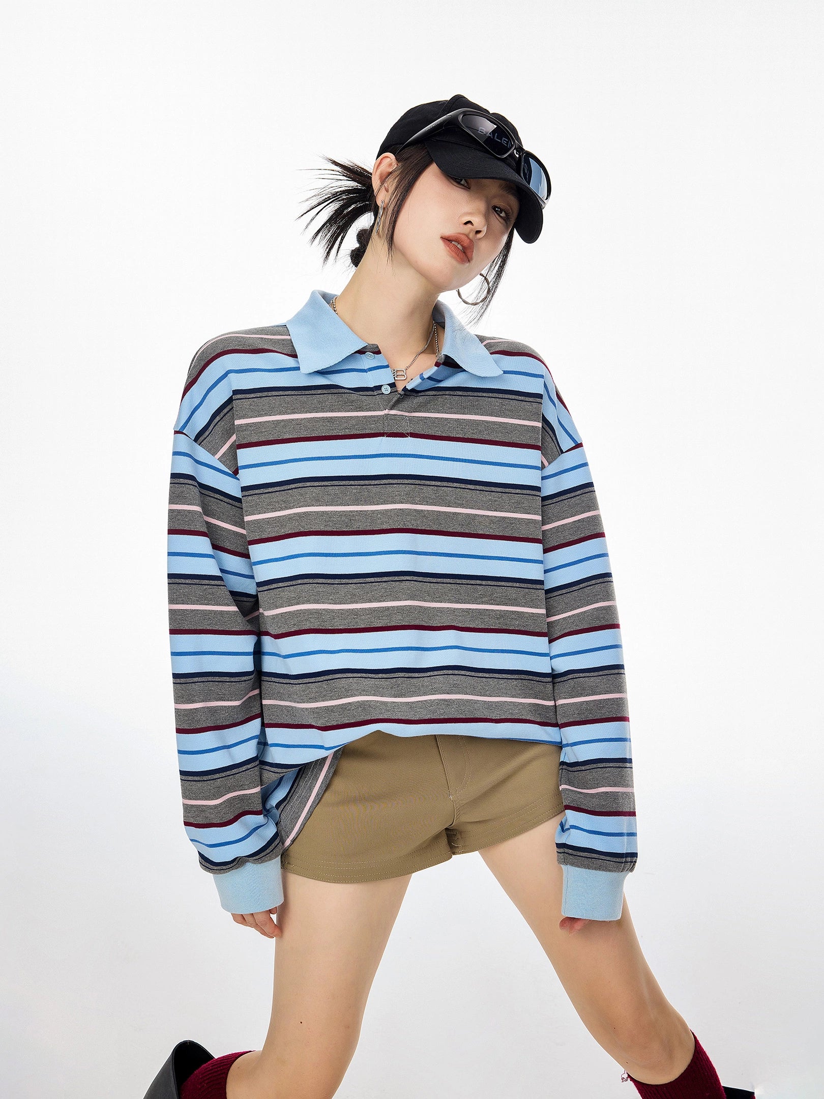 ICH MODE 美式复古条纹撞色翻领T恤女2025新款POLO衫宽松长袖上衣