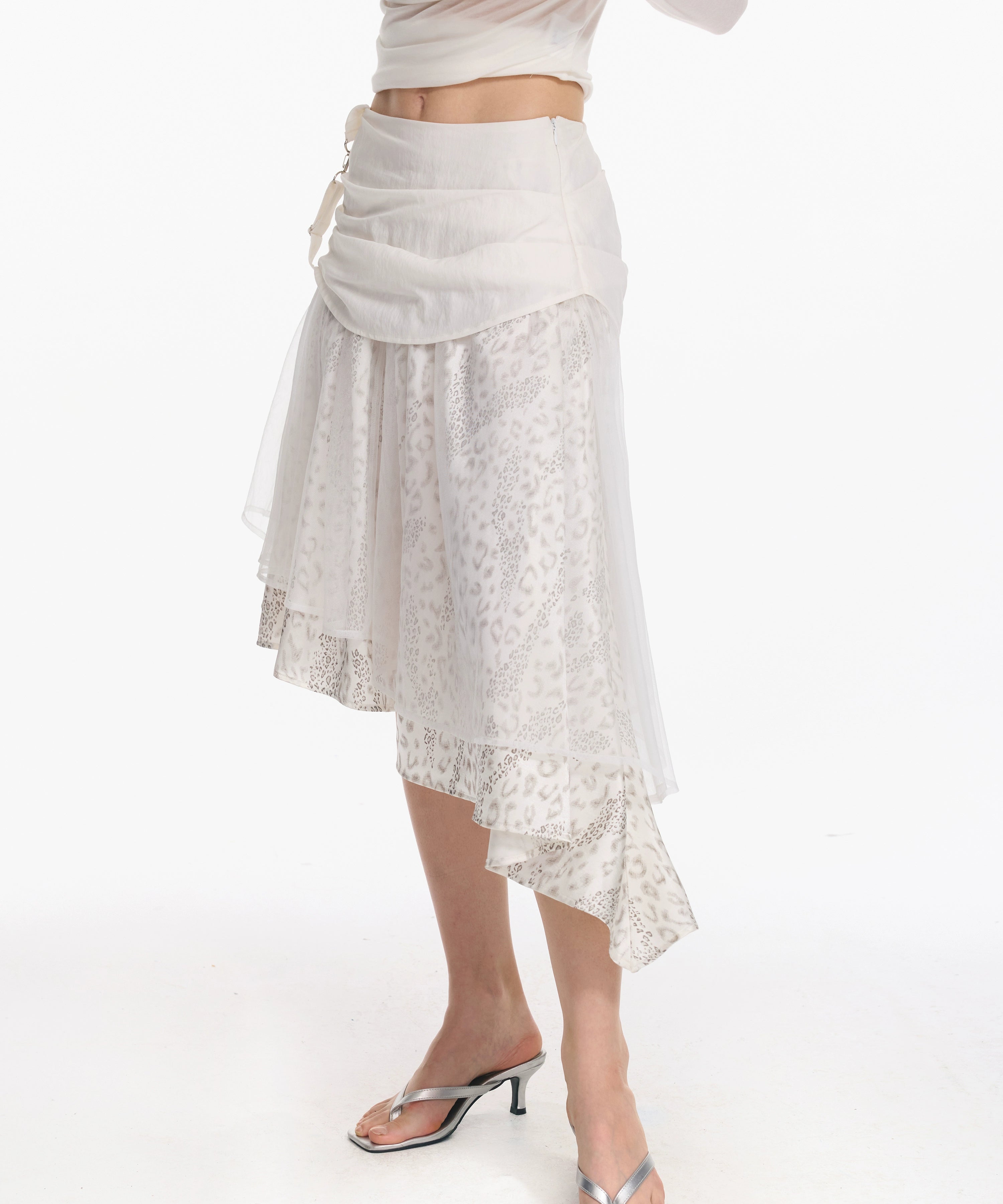 2th Desire 不规则豹纹拼接网纱修身细闪氛围感复古多层半身裙女