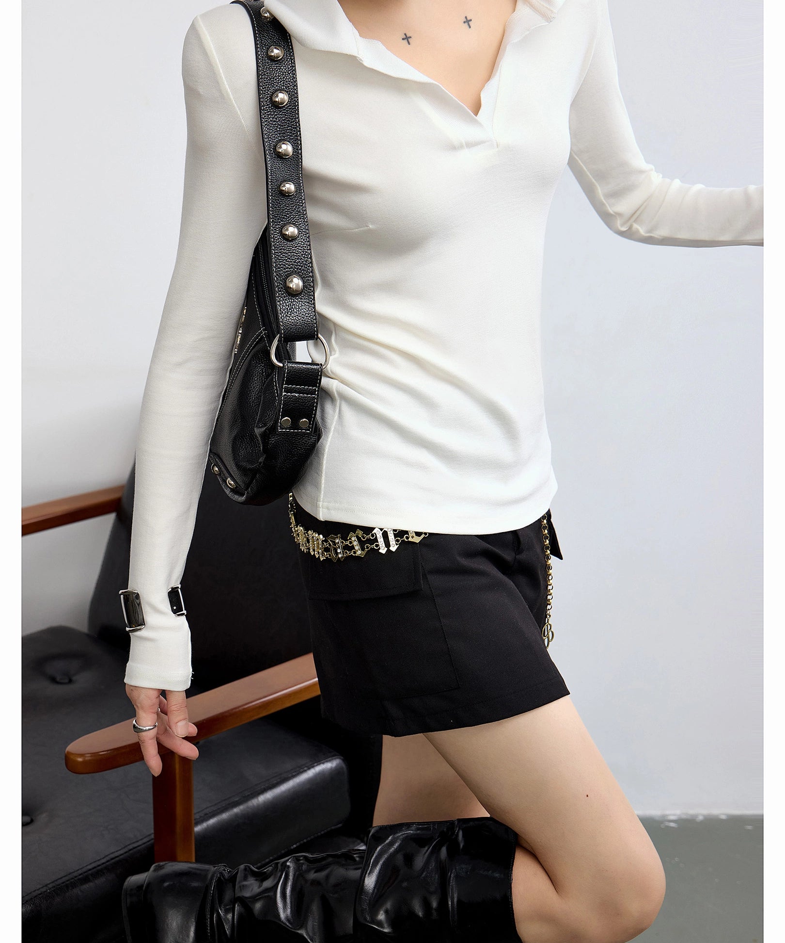 ICH MODE 美式POLO领针织长袖T恤女新款秋冬季修身上衣内搭打底衫