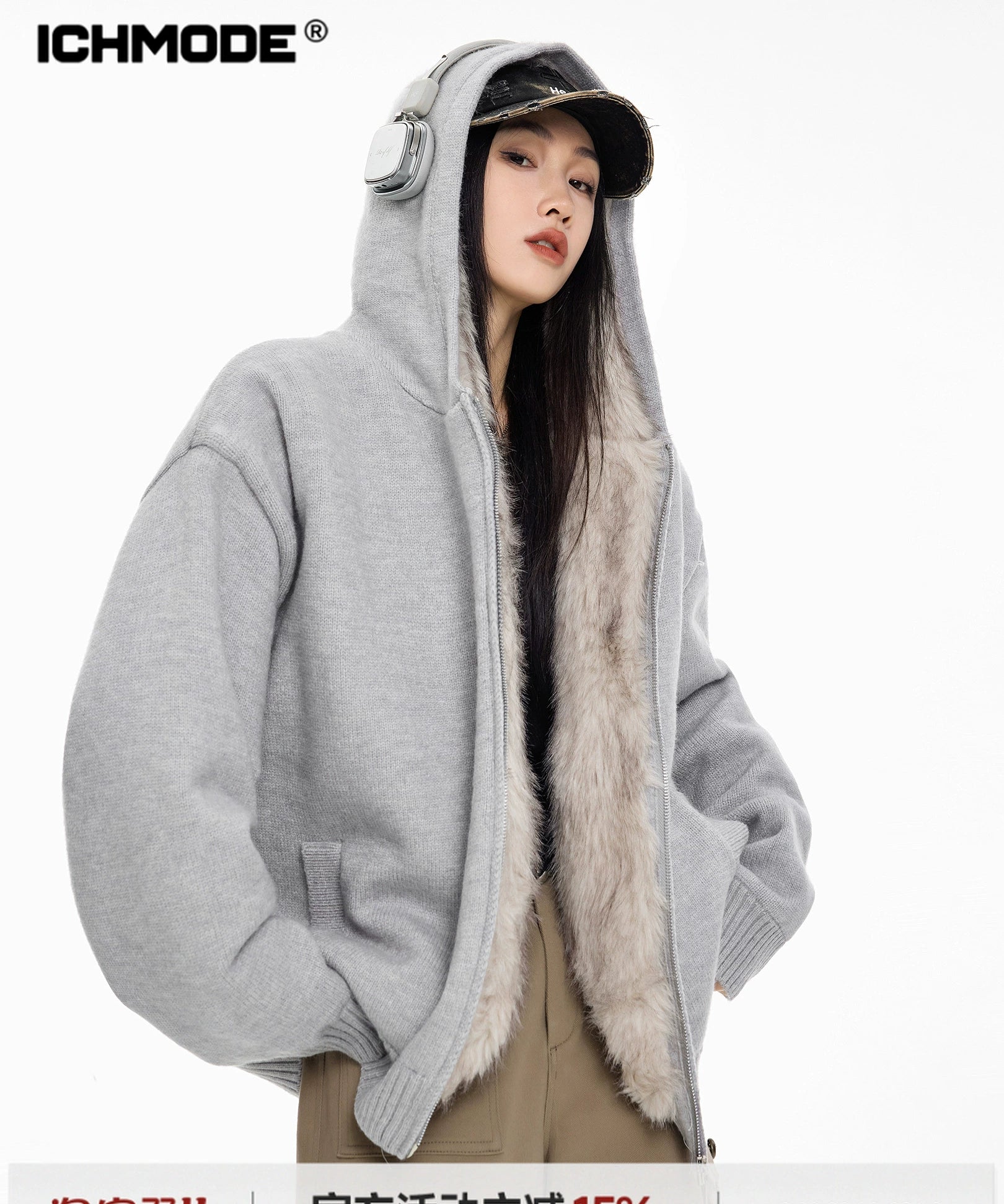 ICH MODE 美式复古座山雕针织开衫棉服女秋冬季宽松加厚棉衣外套