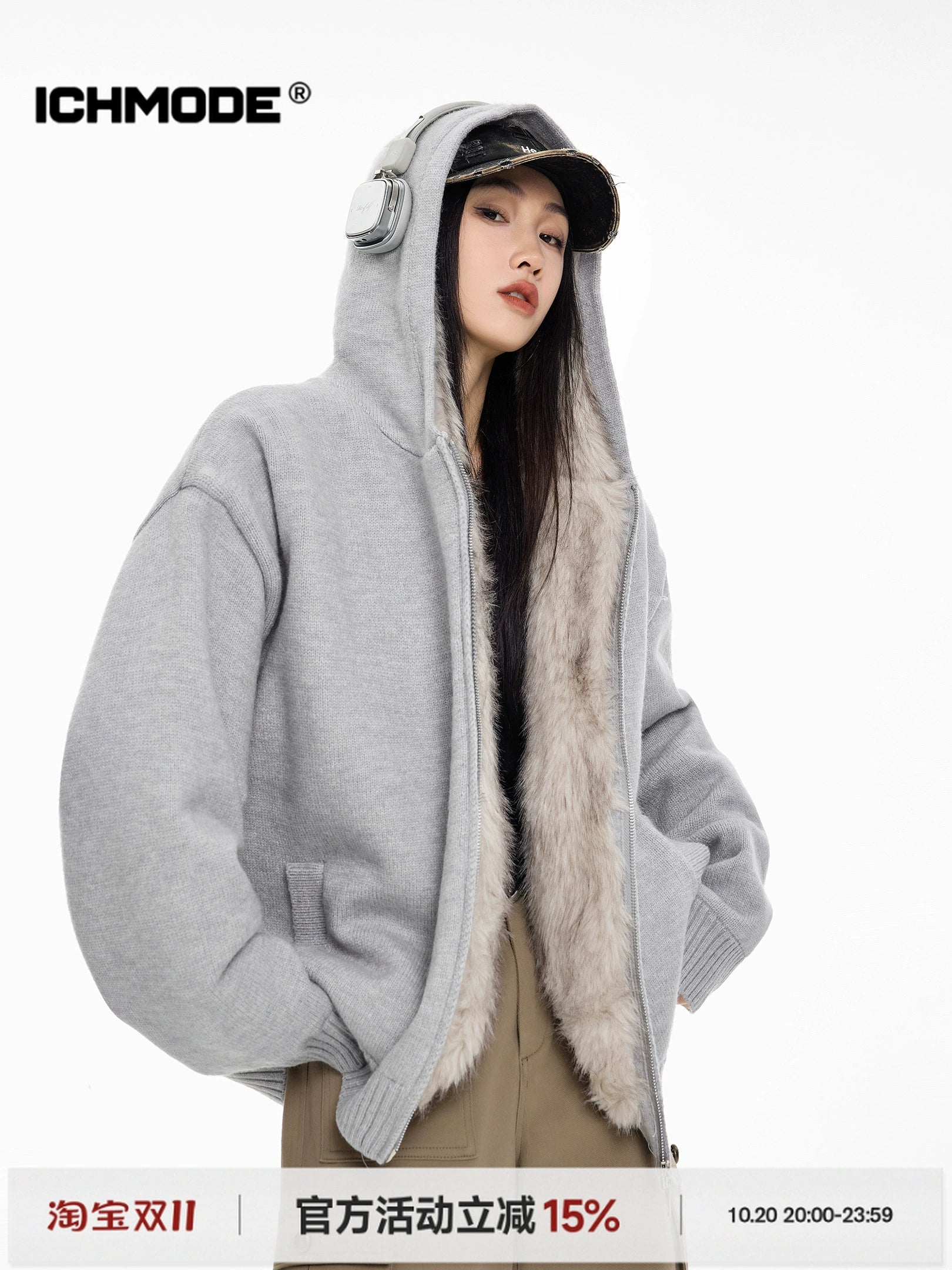 ICH MODE 美式复古座山雕针织开衫棉服女秋冬季宽松加厚棉衣外套