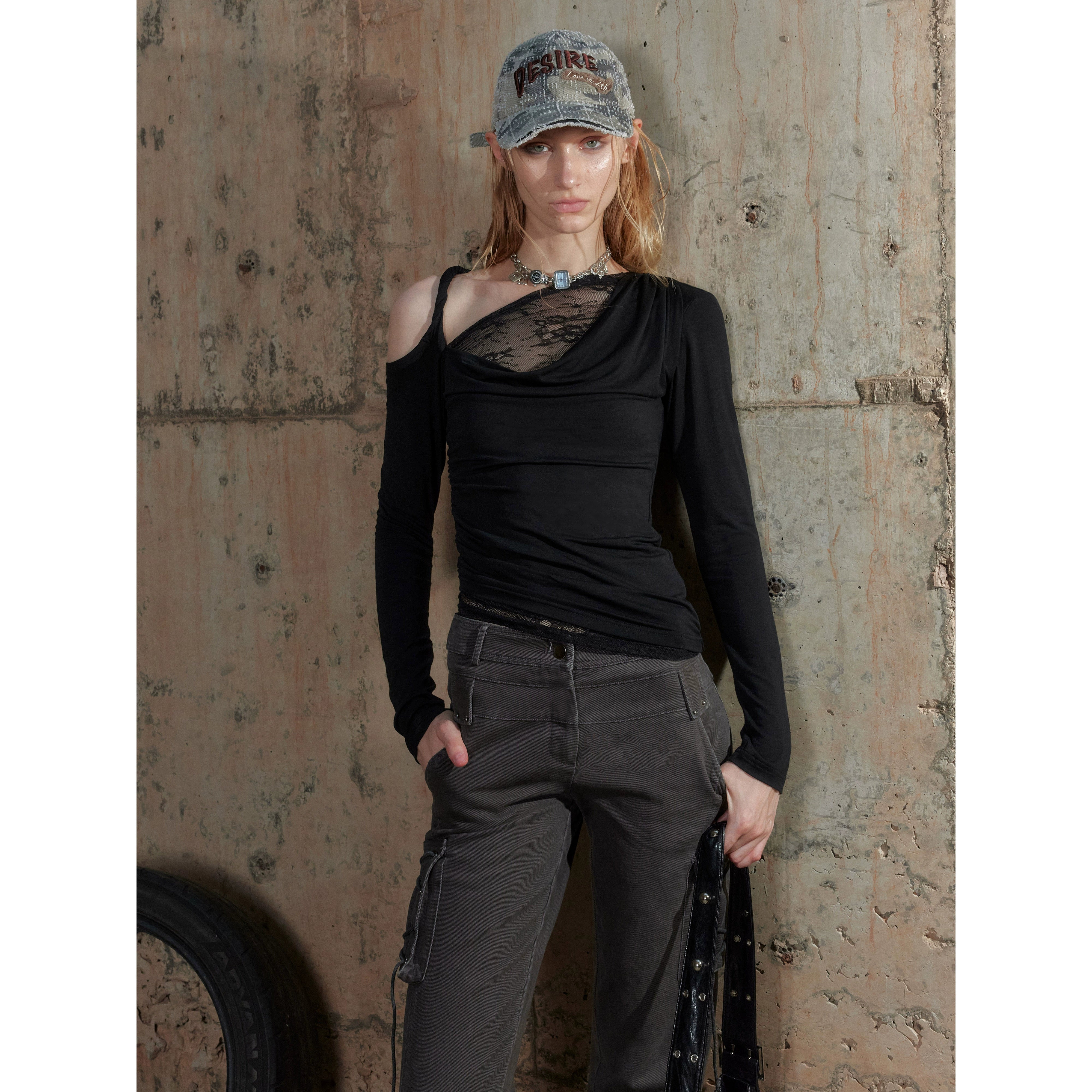 2th Desire斜肩拼接长袖T恤女蕾丝弹力秋季打底衫露肩设计感上衣