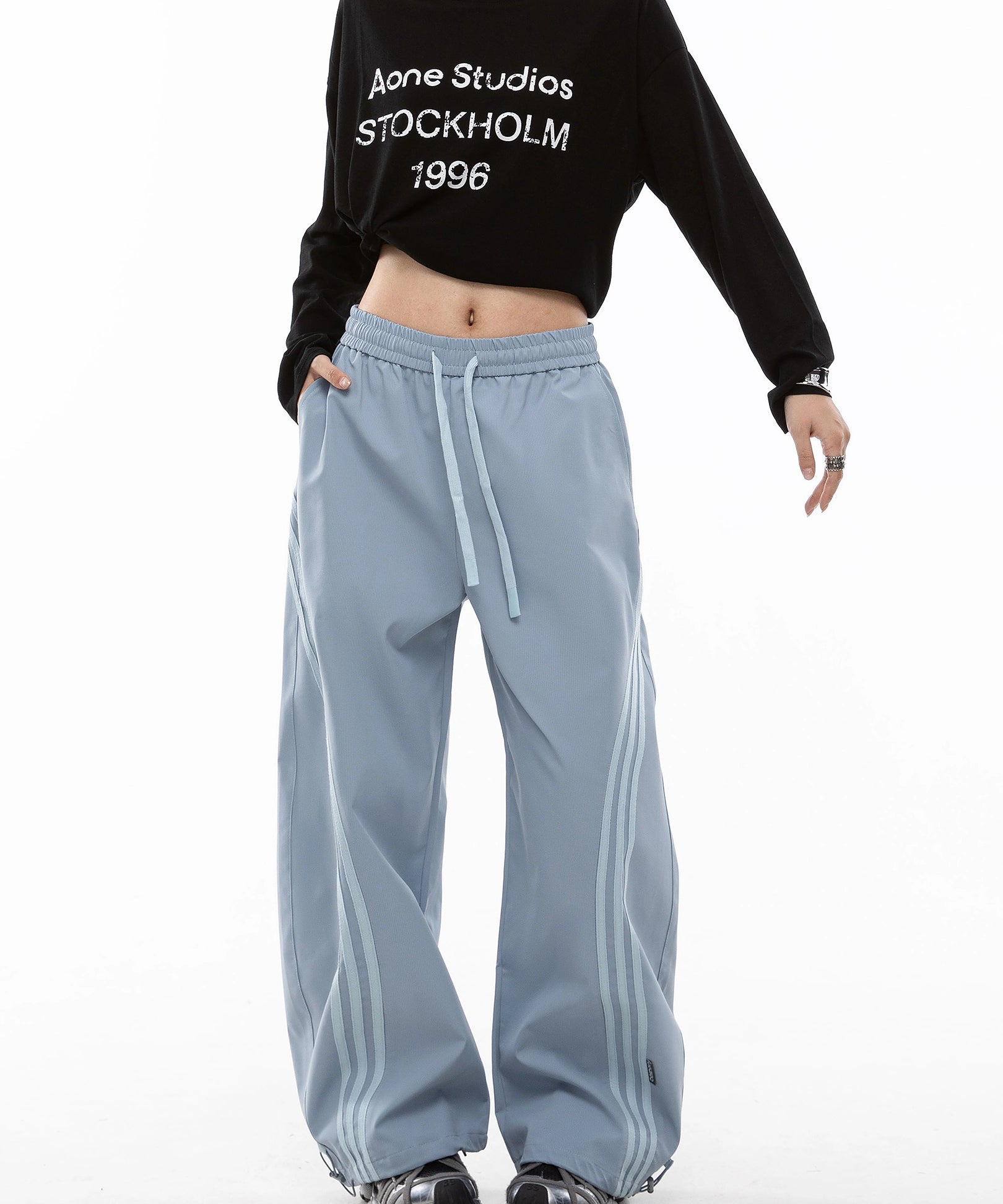 ICH MODE 美式复古条纹休闲裤女秋冬宽松直筒裤百搭阔腿裤运动裤