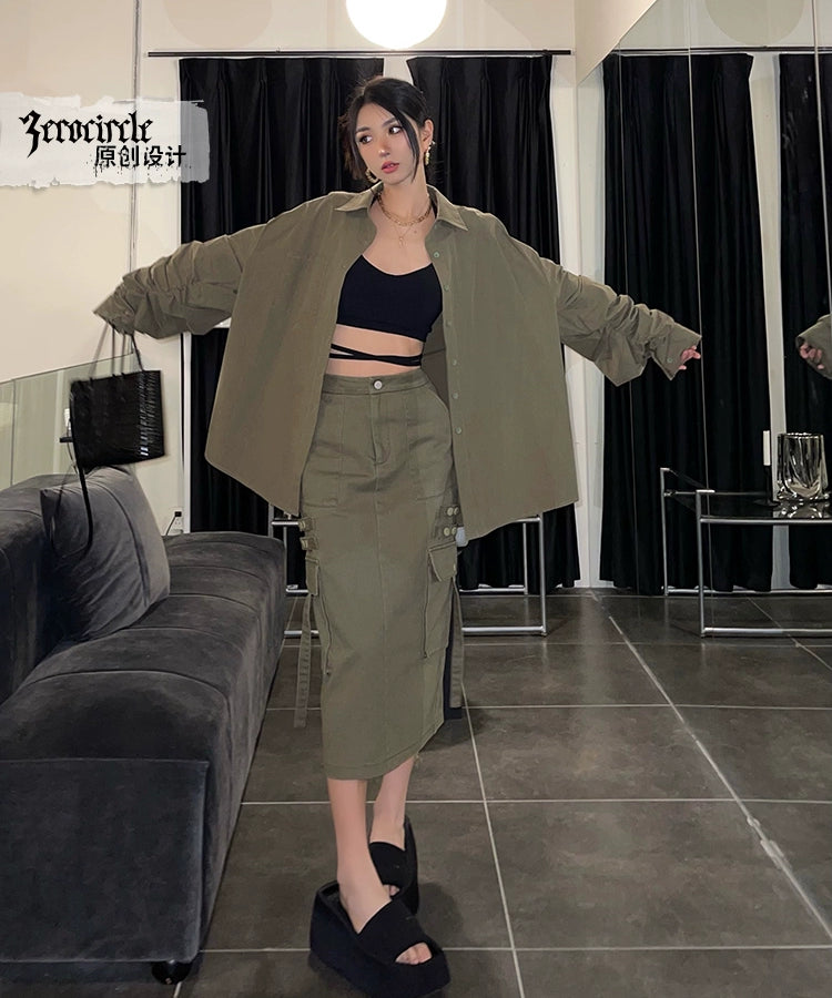 野生zerocircle绿色半身裙女春夏设计感高腰显瘦开叉中长工装裙子