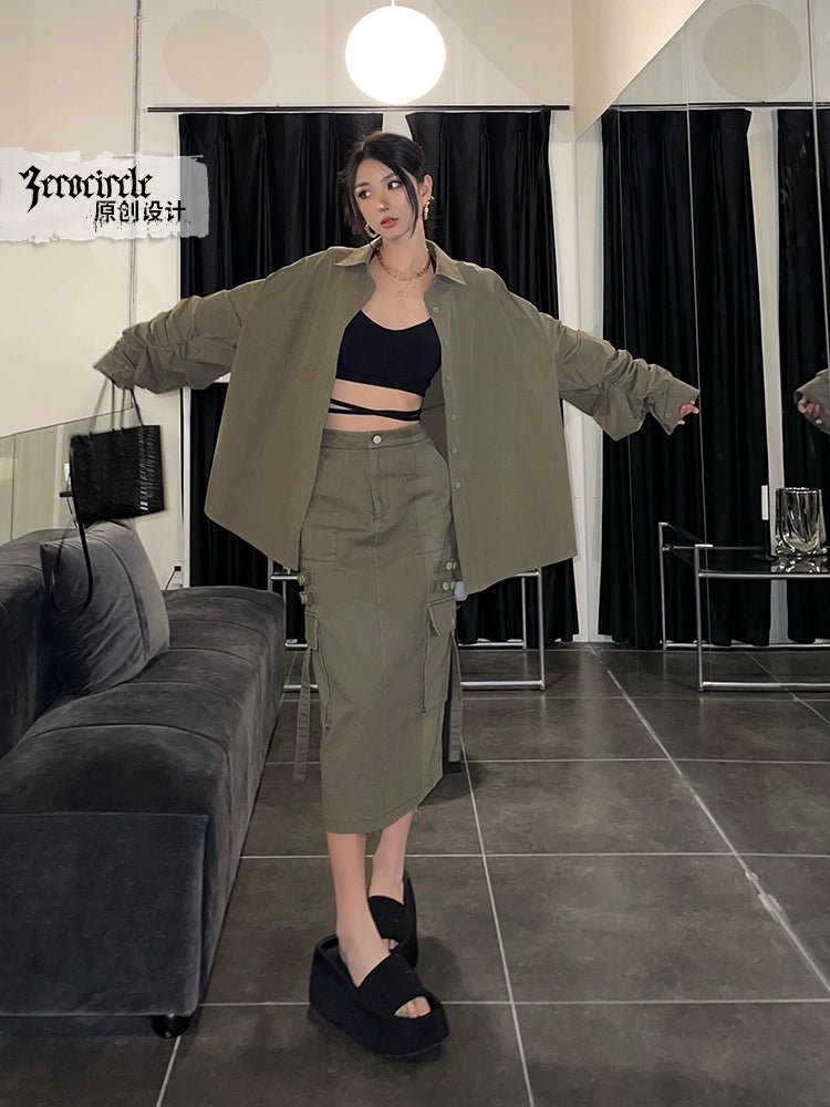 野生zerocircle绿色半身裙女春夏设计感高腰显瘦开叉中长工装裙子