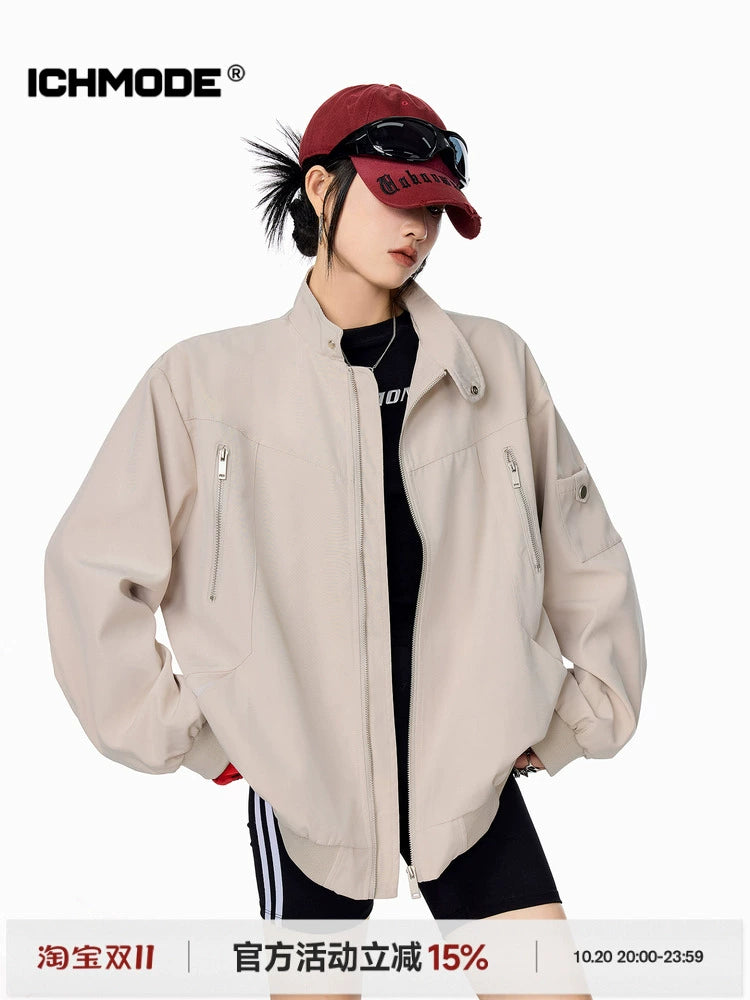 ICH MODE 美式复古立领工装外套女秋冬2025新款宽松拉链夹克上衣