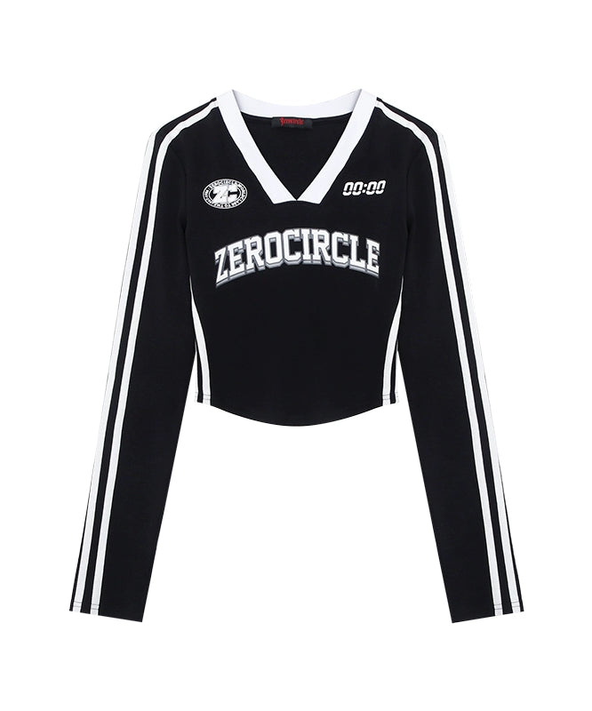 野生zerocircle灰黑色v领长袖t恤女春夏美式复古修身显瘦短款上衣