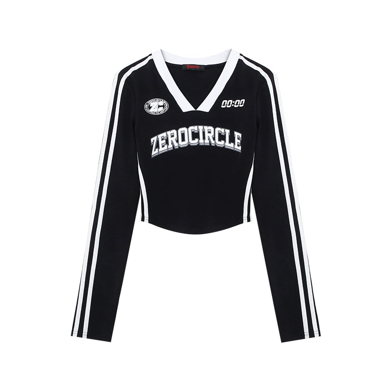 野生zerocircle灰黑色v领长袖t恤女春夏美式复古修身显瘦短款上衣