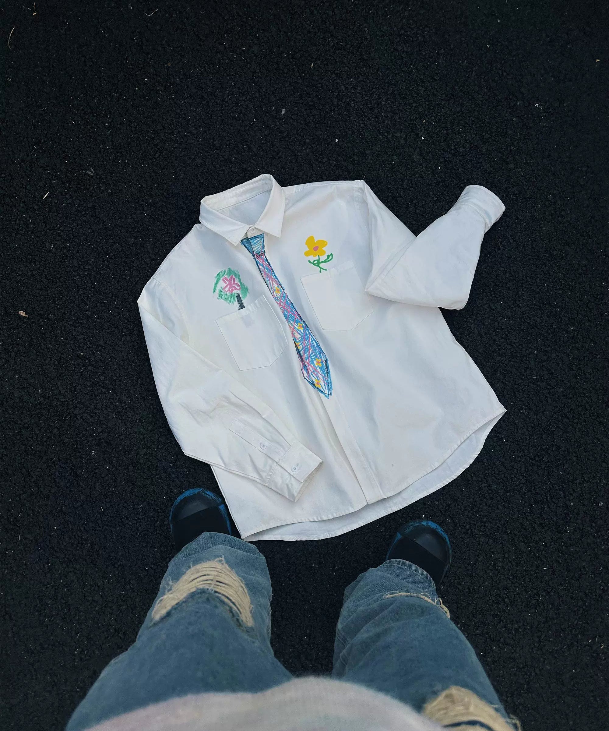 “追梦”| eeee创意设计感蜡笔手绘领带衬衫趣味学院风涂鸦衬衣春