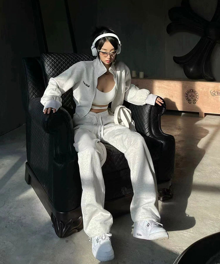 野生zerocircle咖色短款卫衣套装女春季外套显瘦宽松运动休闲裤子