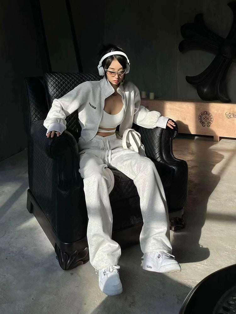 野生zerocircle咖色短款卫衣套装女春季外套显瘦宽松运动休闲裤子