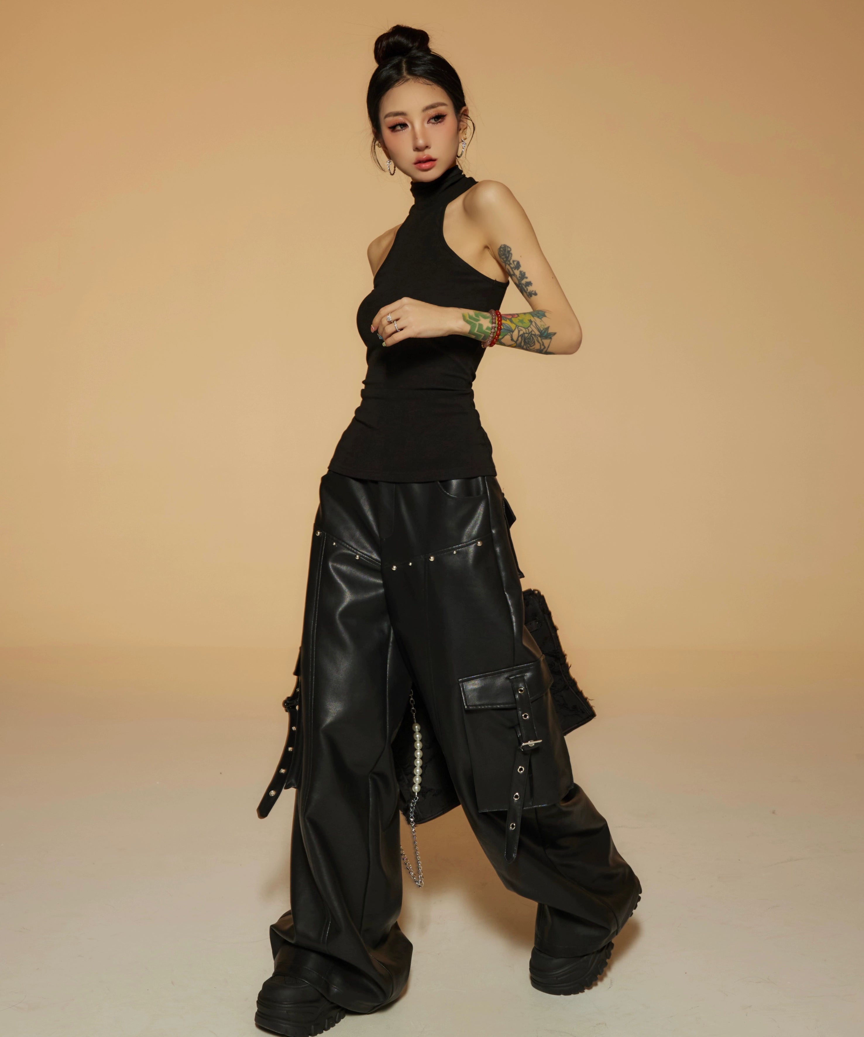 野生zerocircle皮裤女春季设计感宽松显瘦直筒休闲阔腿黑银色裤子