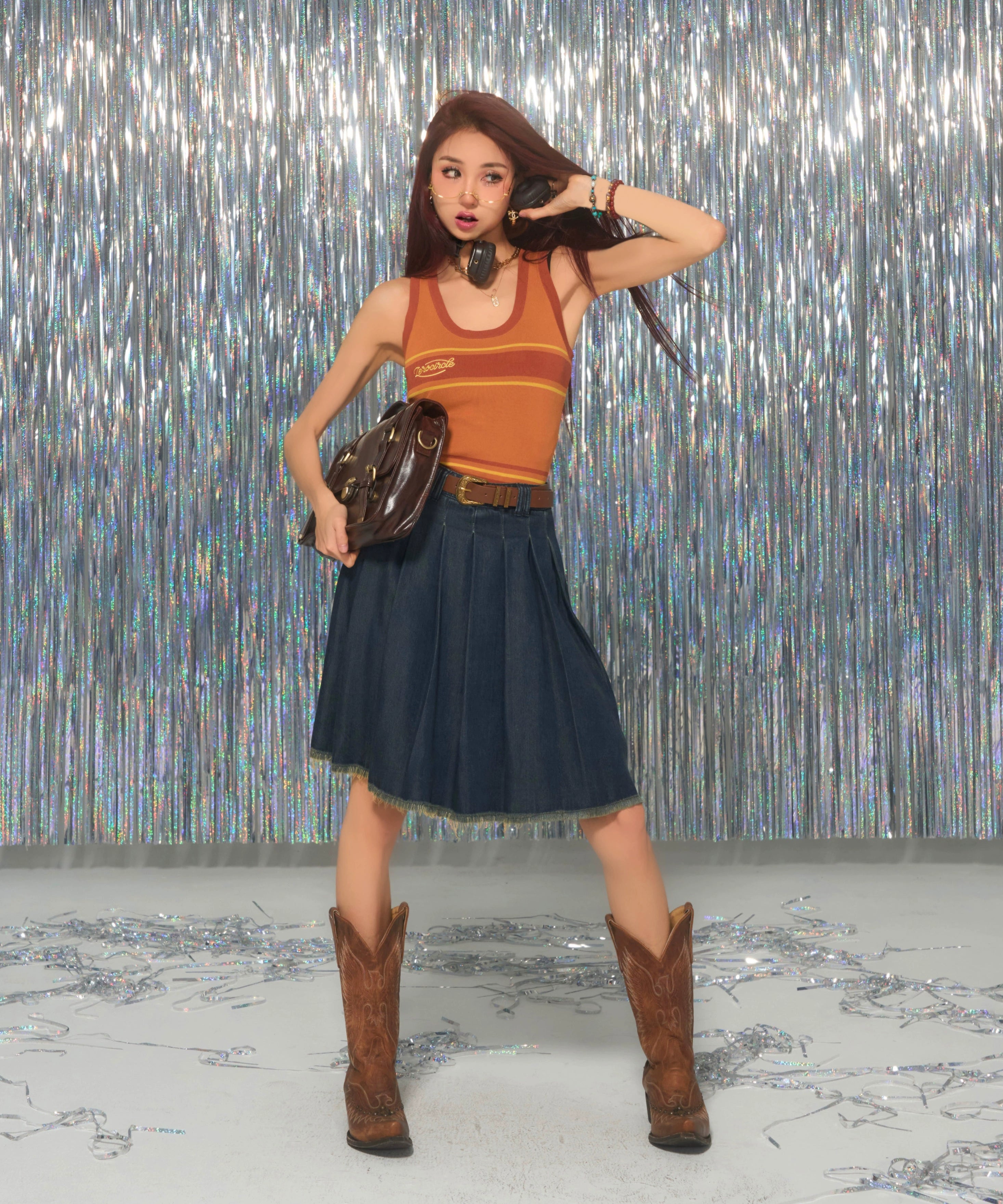 野生zerocircle 牛仔半身裙女夏高腰a字设计感显瘦辣妹百褶短裙子