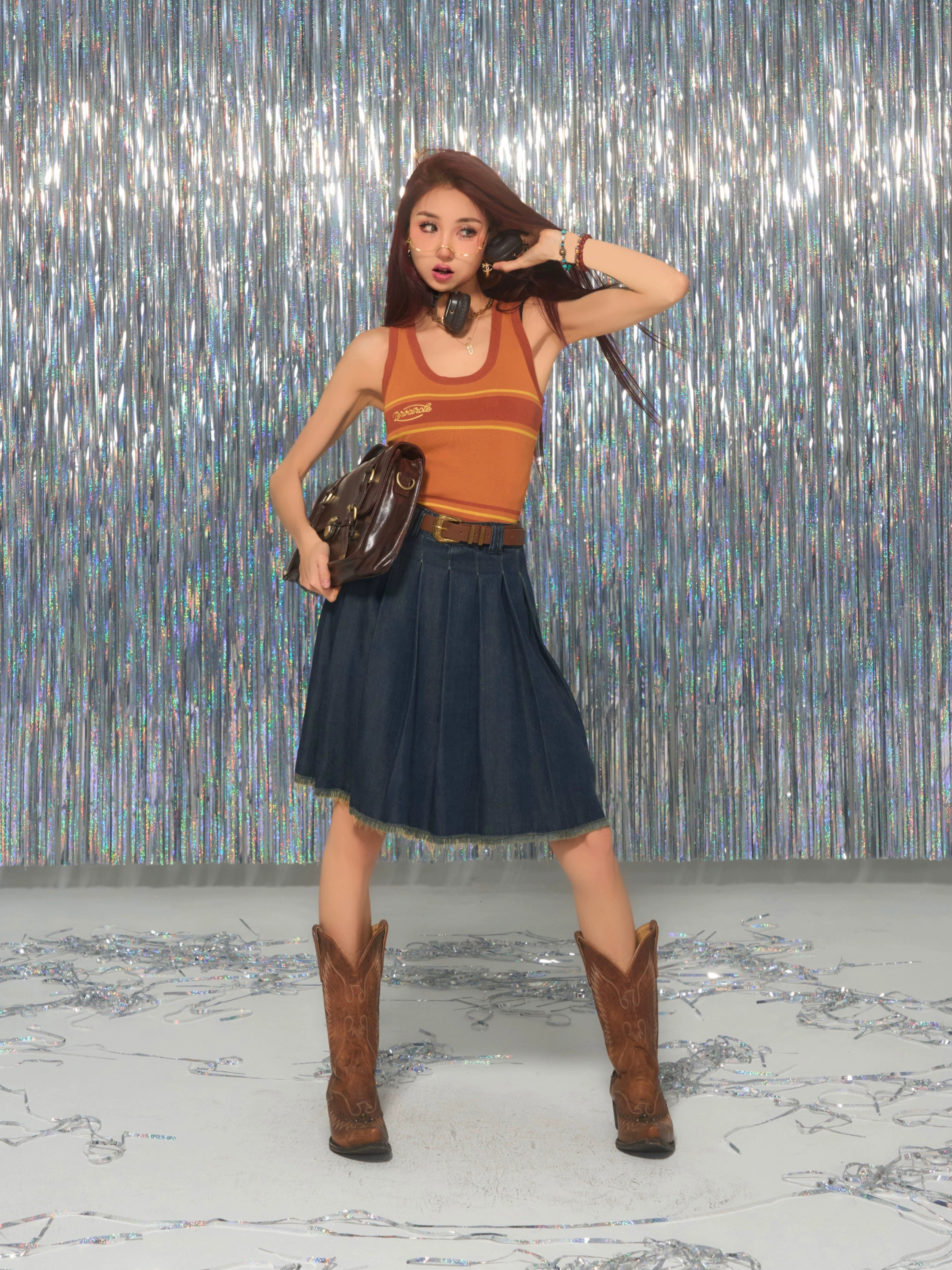 野生zerocircle 牛仔半身裙女夏高腰a字设计感显瘦辣妹百褶短裙子