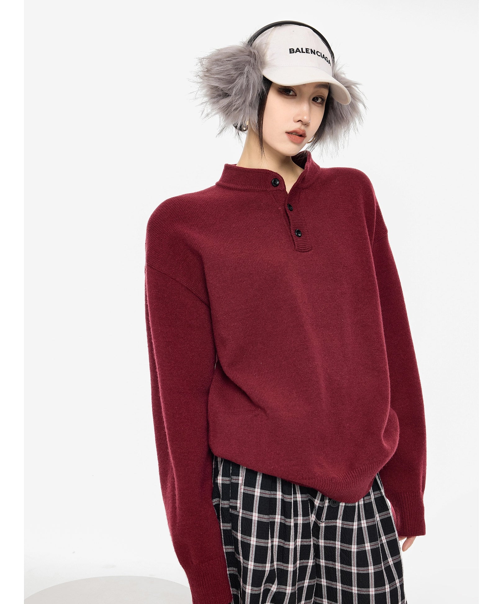 ICH MODE 美式复古亨利领毛衣女秋冬季宽松针织衫慵懒套头毛线衣