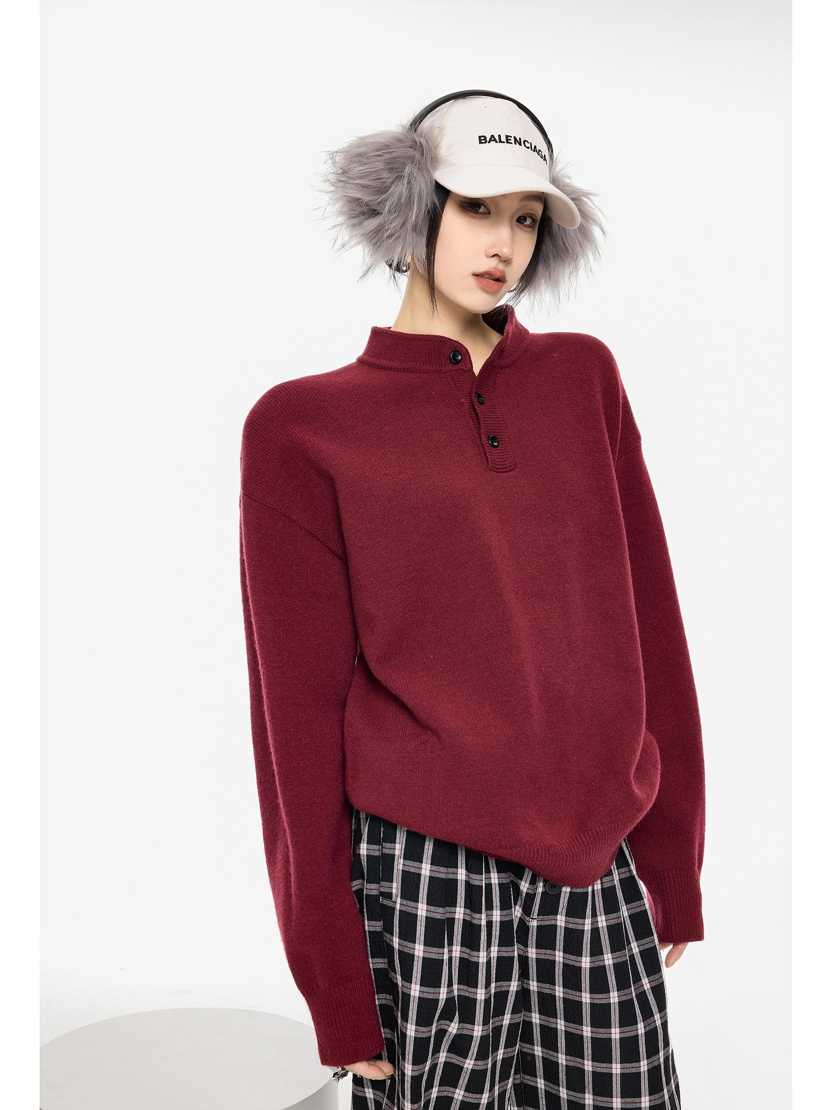 ICH MODE 美式复古亨利领毛衣女秋冬季宽松针织衫慵懒套头毛线衣