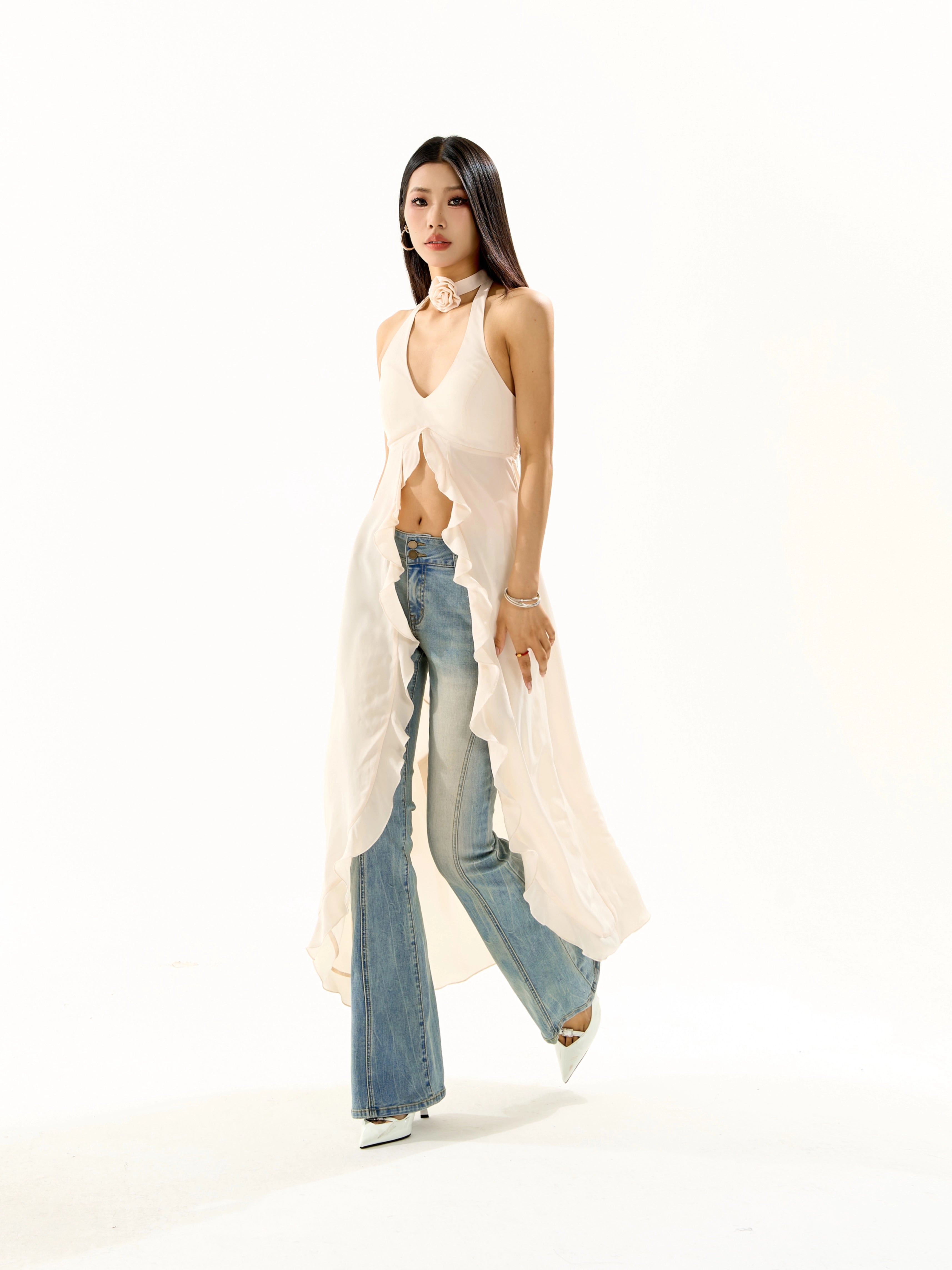 野生zero红色荷叶边挂脖背心连衣裙女夏季设计感小众显瘦无袖上衣