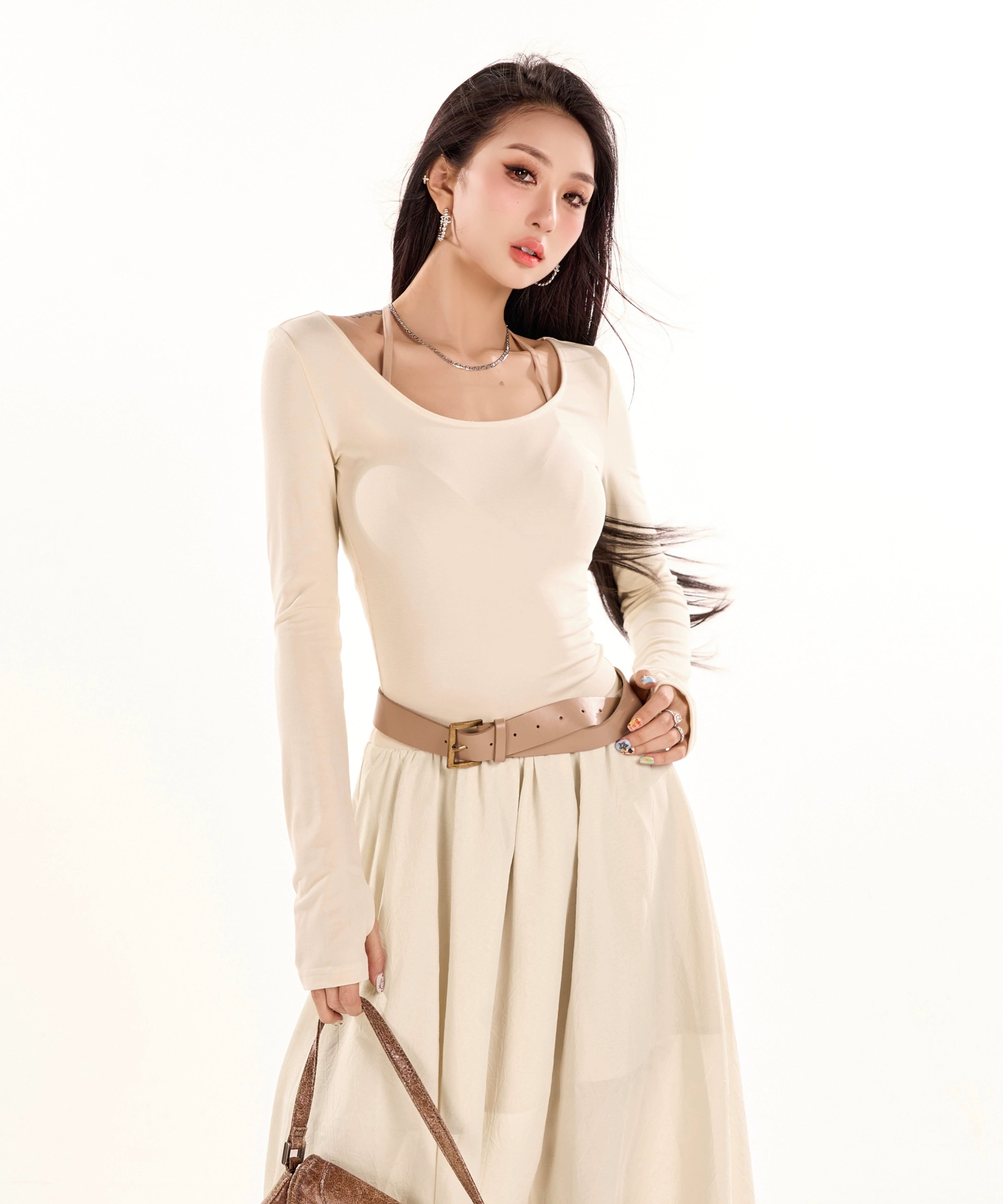 野生zerocircle 黑杏色a字长袖连衣裙女春秋辣妹显瘦修身收腰裙子