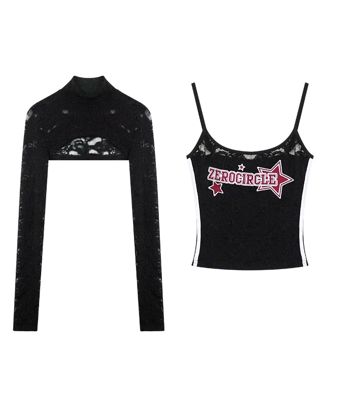野生zerocircle黑色吊带两件套女春季辣妹修身显瘦半高领蕾丝上衣