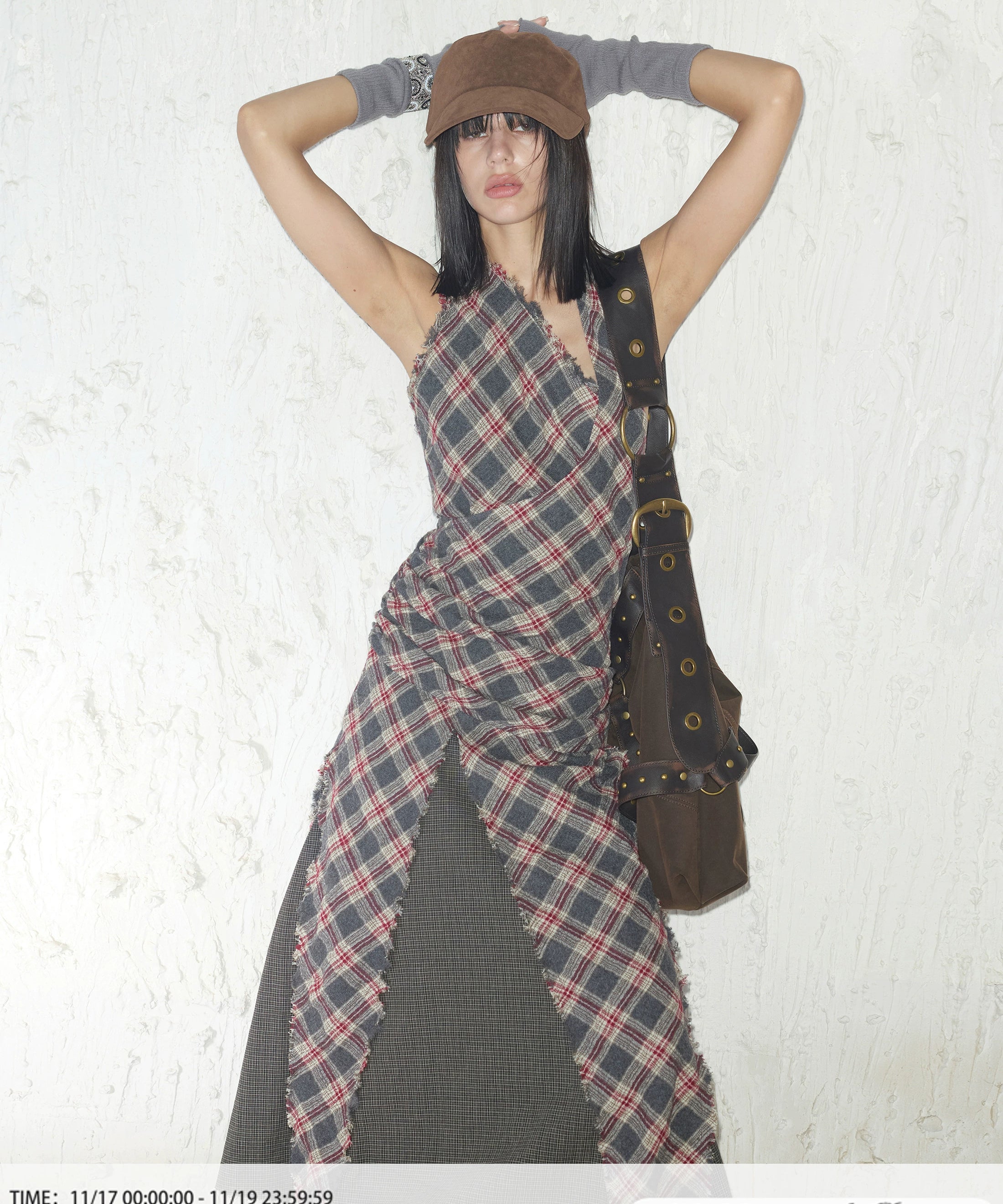 2th Desire流浪风羊毛复古格纹拼接挂脖连衣裙 干洗羊毛请勿水洗