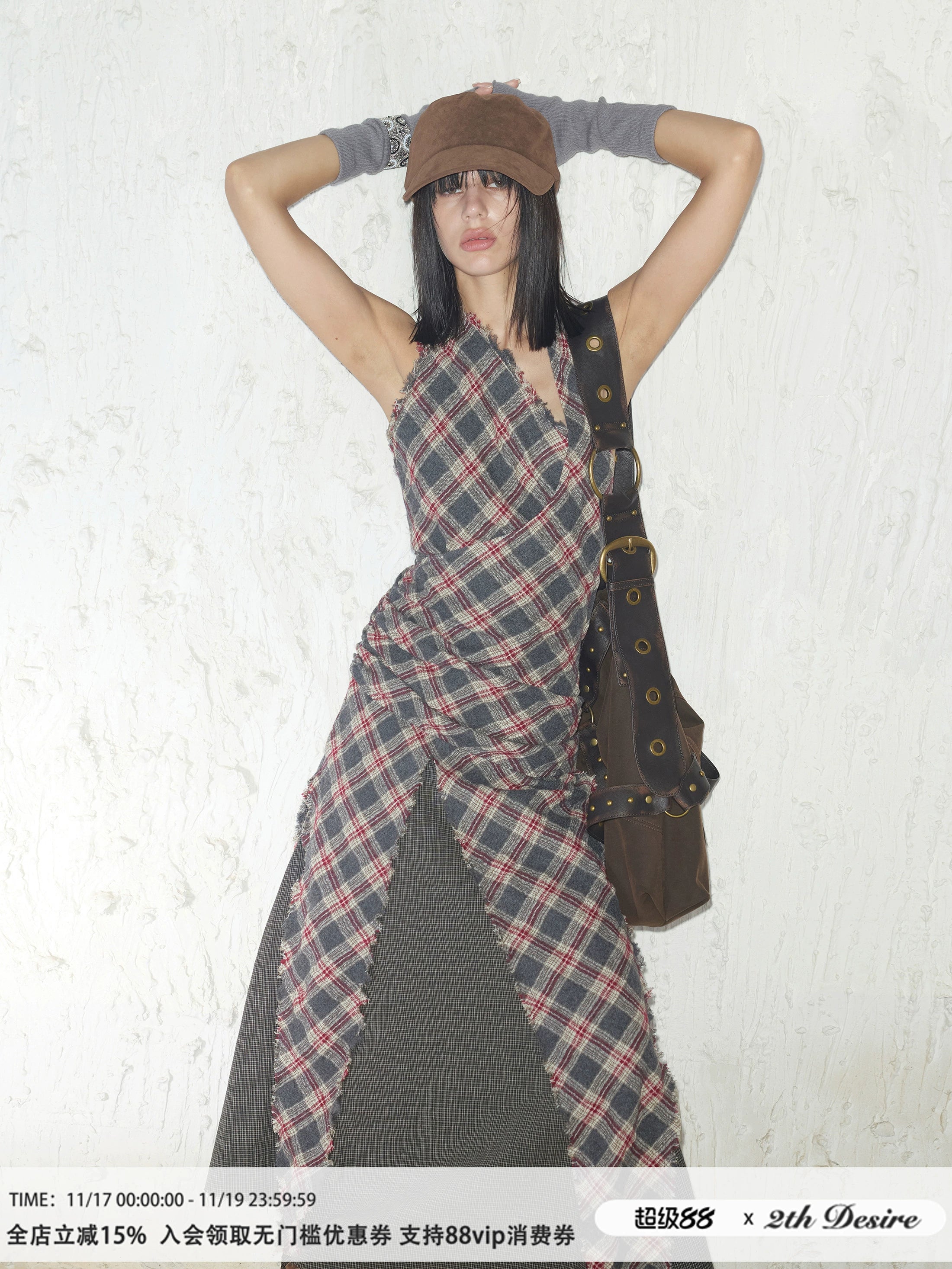 2th Desire流浪风羊毛复古格纹拼接挂脖连衣裙 干洗羊毛请勿水洗