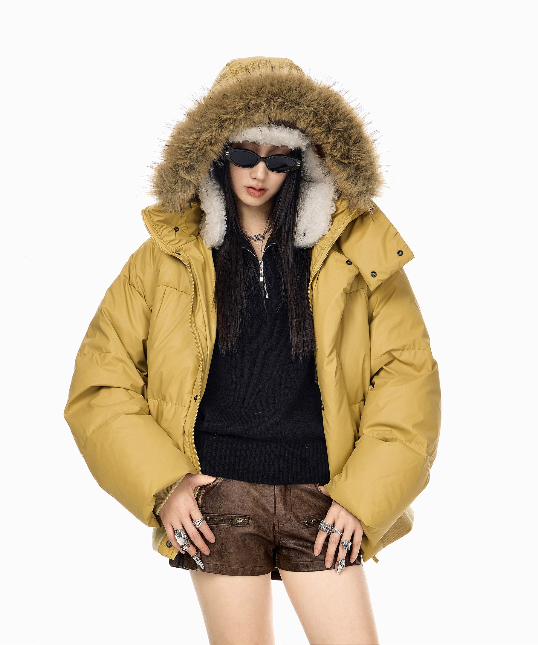 ICH MODE 90白鸭绒美式复古毛领连帽羽绒服女秋冬季保暖防寒外套