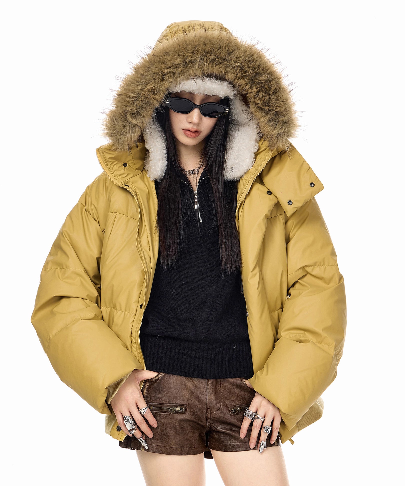 ICH MODE 90白鸭绒美式复古毛领连帽羽绒服女秋冬季保暖防寒外套