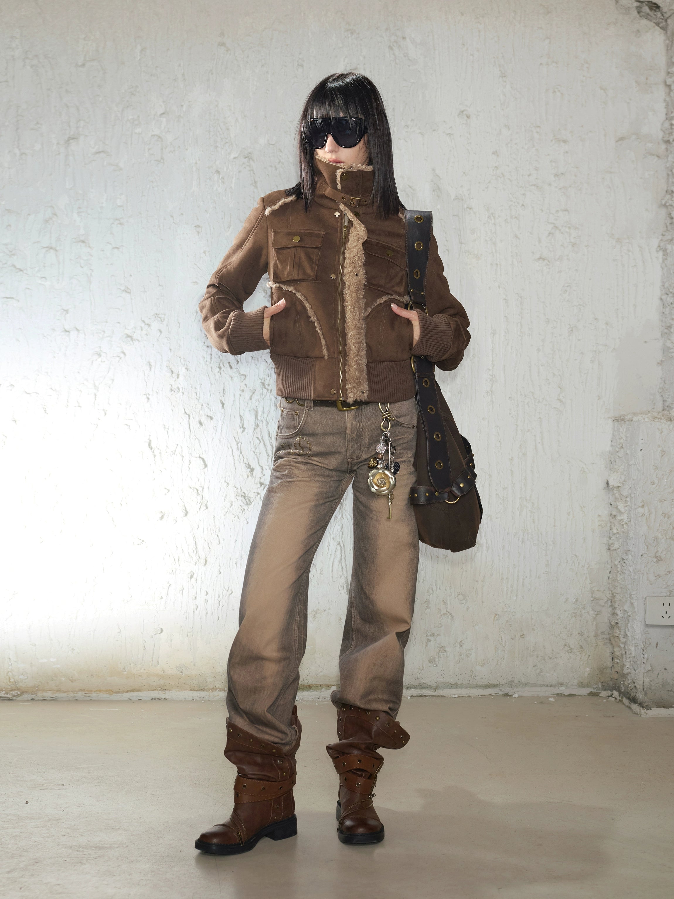 2th Desire原创复古皮毛一体罗纹保暖毛毛翻领短款拉链夹克外套