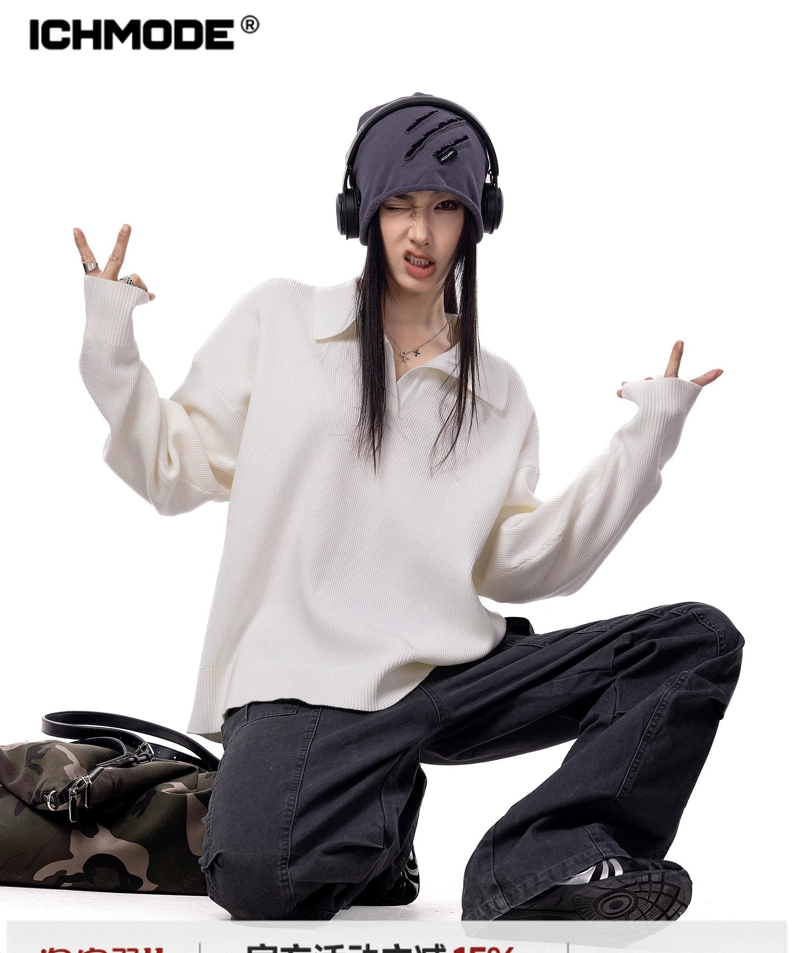 ICH MODE 美式复古POLO毛针织衫女秋冬新款宽松休闲长袖毛衣外套