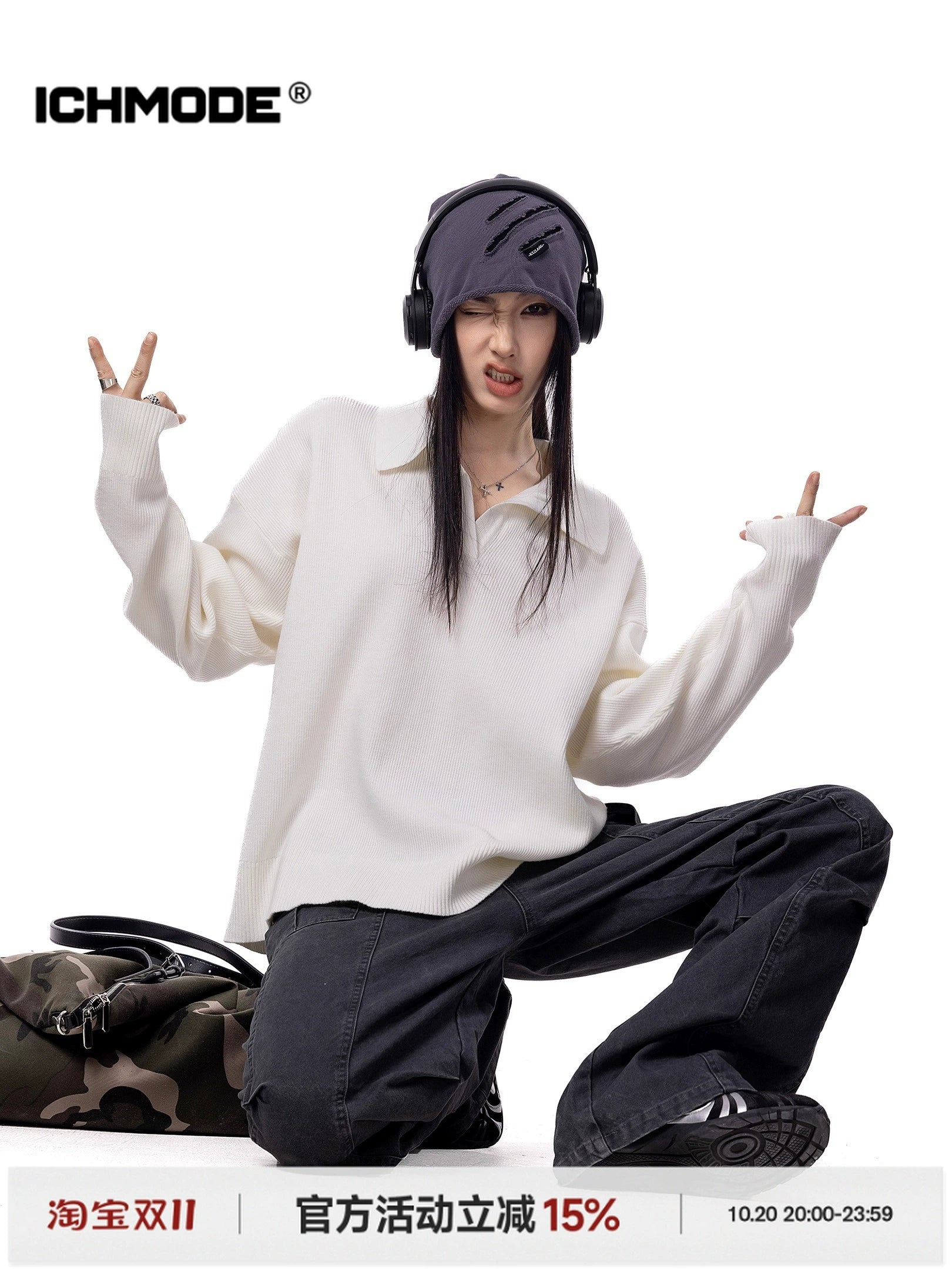 ICH MODE 美式复古POLO毛针织衫女秋冬新款宽松休闲长袖毛衣外套