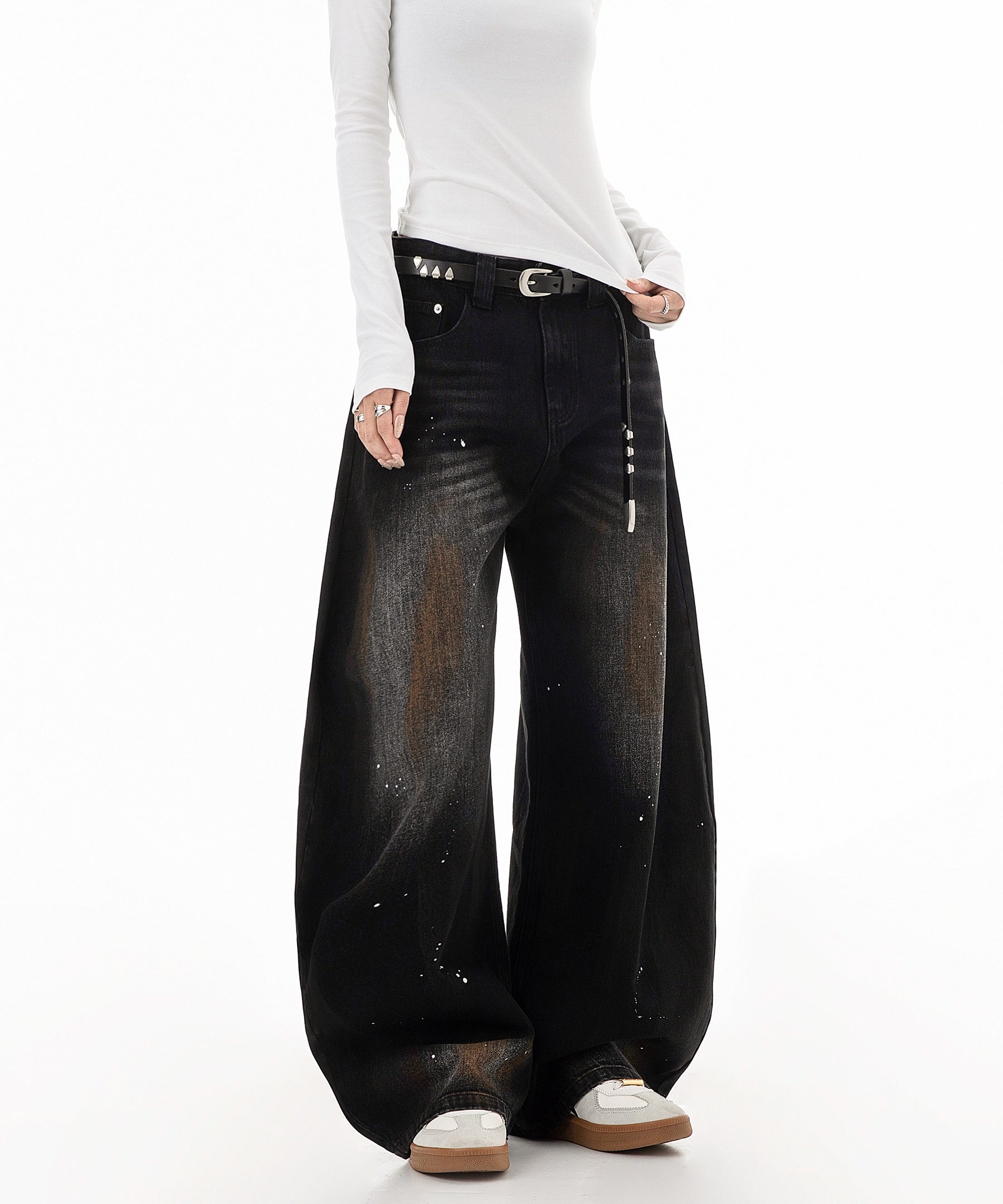 ICH MODE 美式复古做旧牛仔裤女夏季宽松直筒裤休闲阔腿弯刀裤子