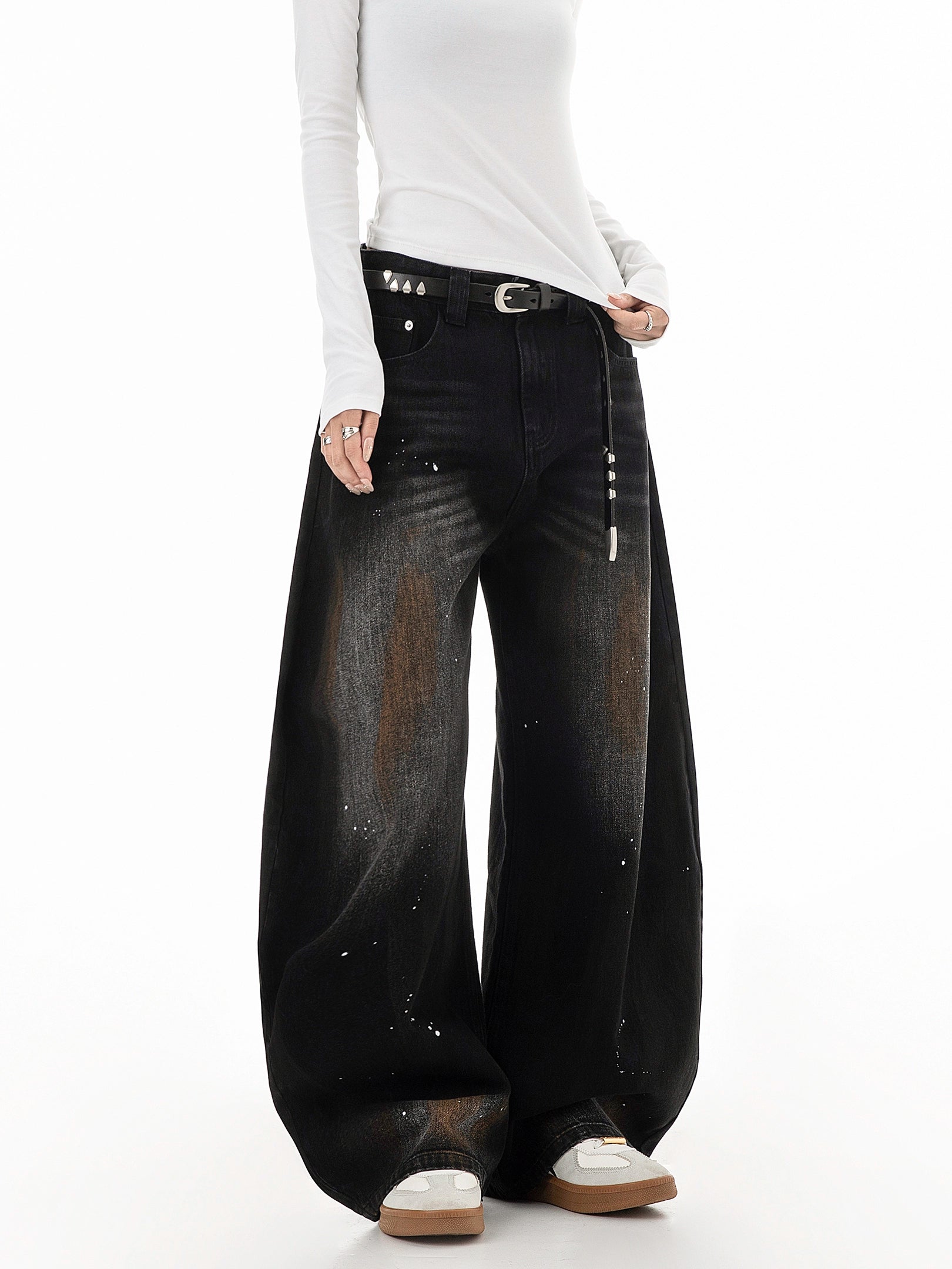 ICH MODE 美式复古做旧牛仔裤女夏季宽松直筒裤休闲阔腿弯刀裤子