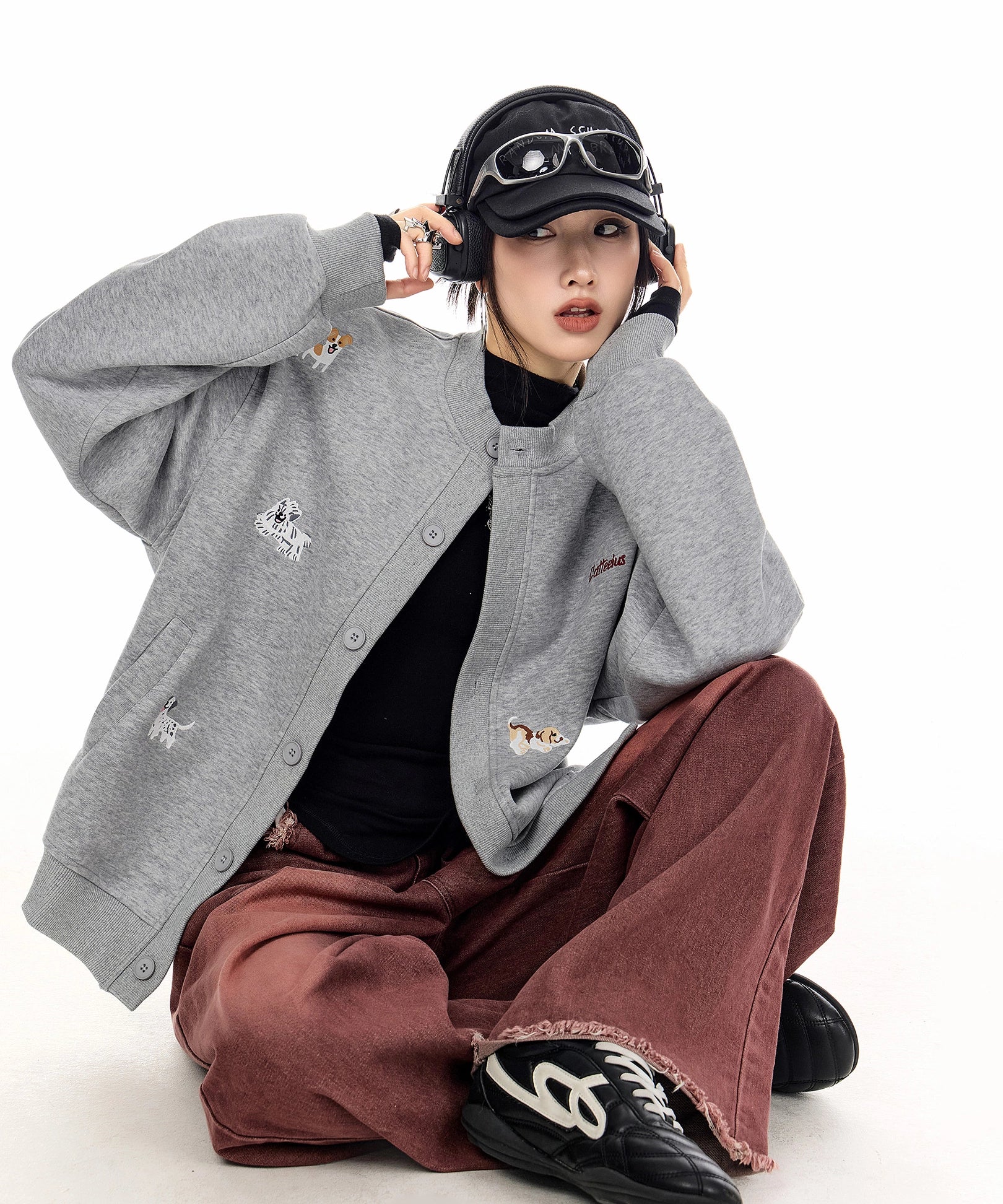 ICH MODE 美式复古小狗刺绣棒球领外套女2025秋冬季卫衣开衫上衣