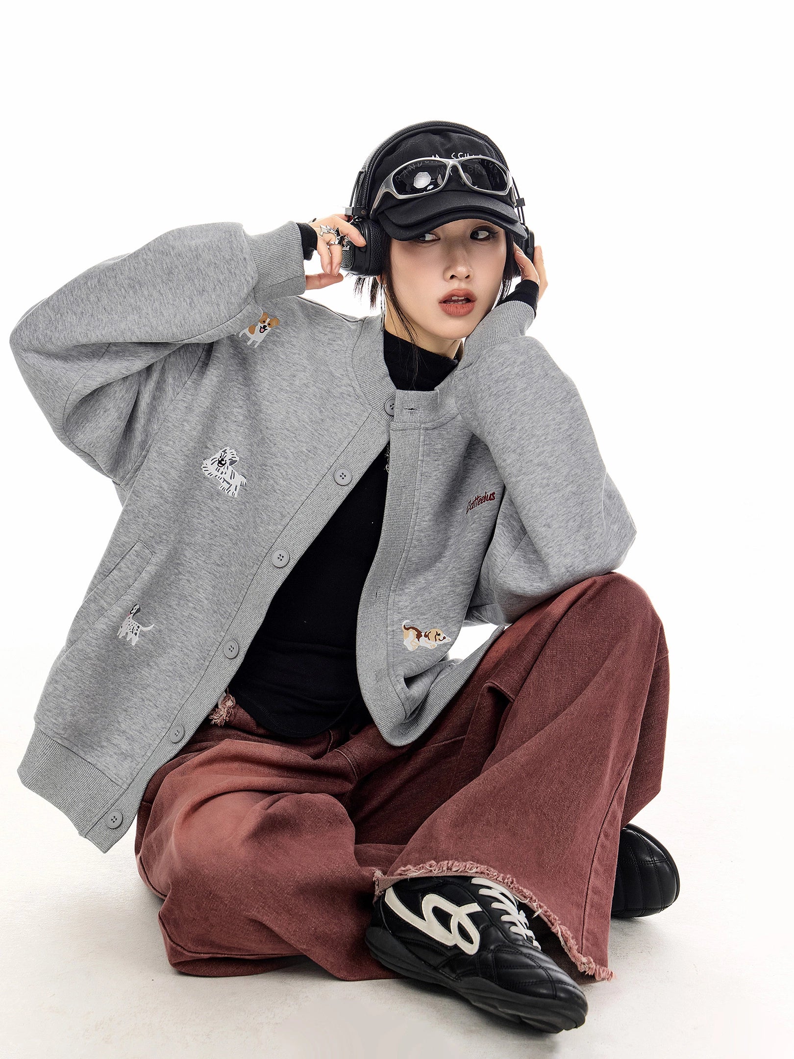 ICH MODE 美式复古小狗刺绣棒球领外套女2025秋冬季卫衣开衫上衣