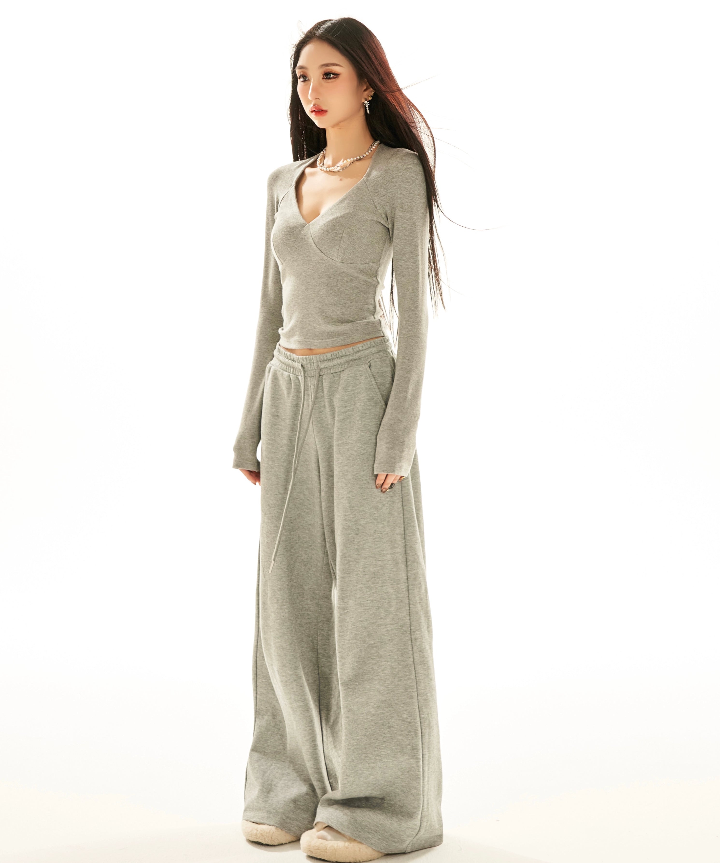 野生zerocircle 黑白灰色v领打底衫女春秋季内搭短款针织长袖上衣