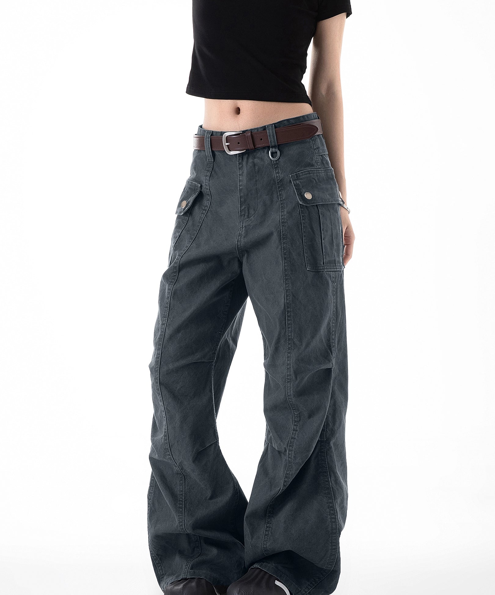 ICH MODE 美式复古口袋休闲裤女夏季宽松直筒工装裤流行阔腿裤子