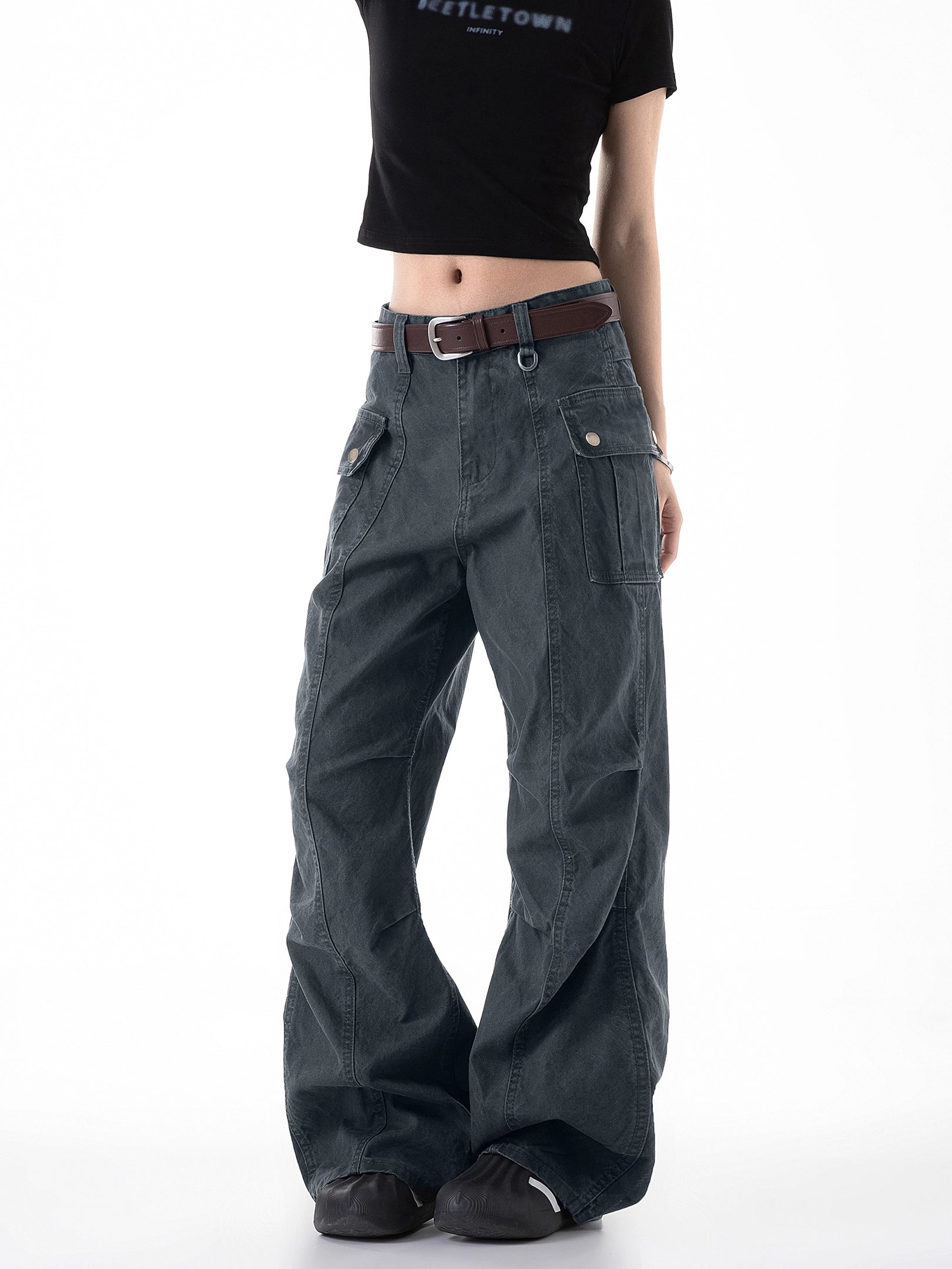 ICH MODE 美式复古口袋休闲裤女夏季宽松直筒工装裤流行阔腿裤子