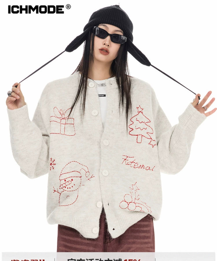 ICH MODE 美式复古圣诞针织毛衣开衫女2025新款秋冬休闲毛衣外套