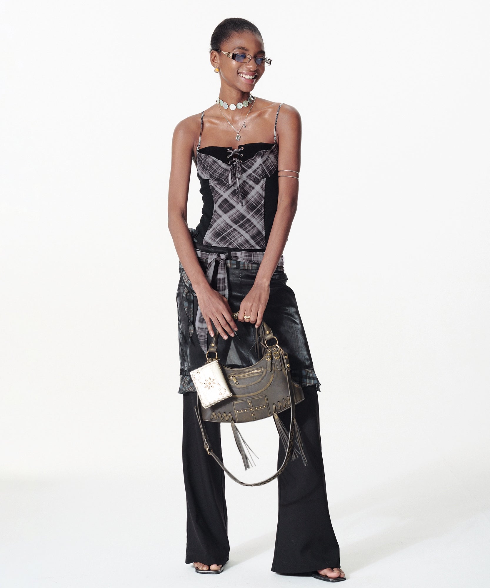 2th Desire复古手工铝丝格纹波点撞色露背绑带吊带背心无袖上衣女