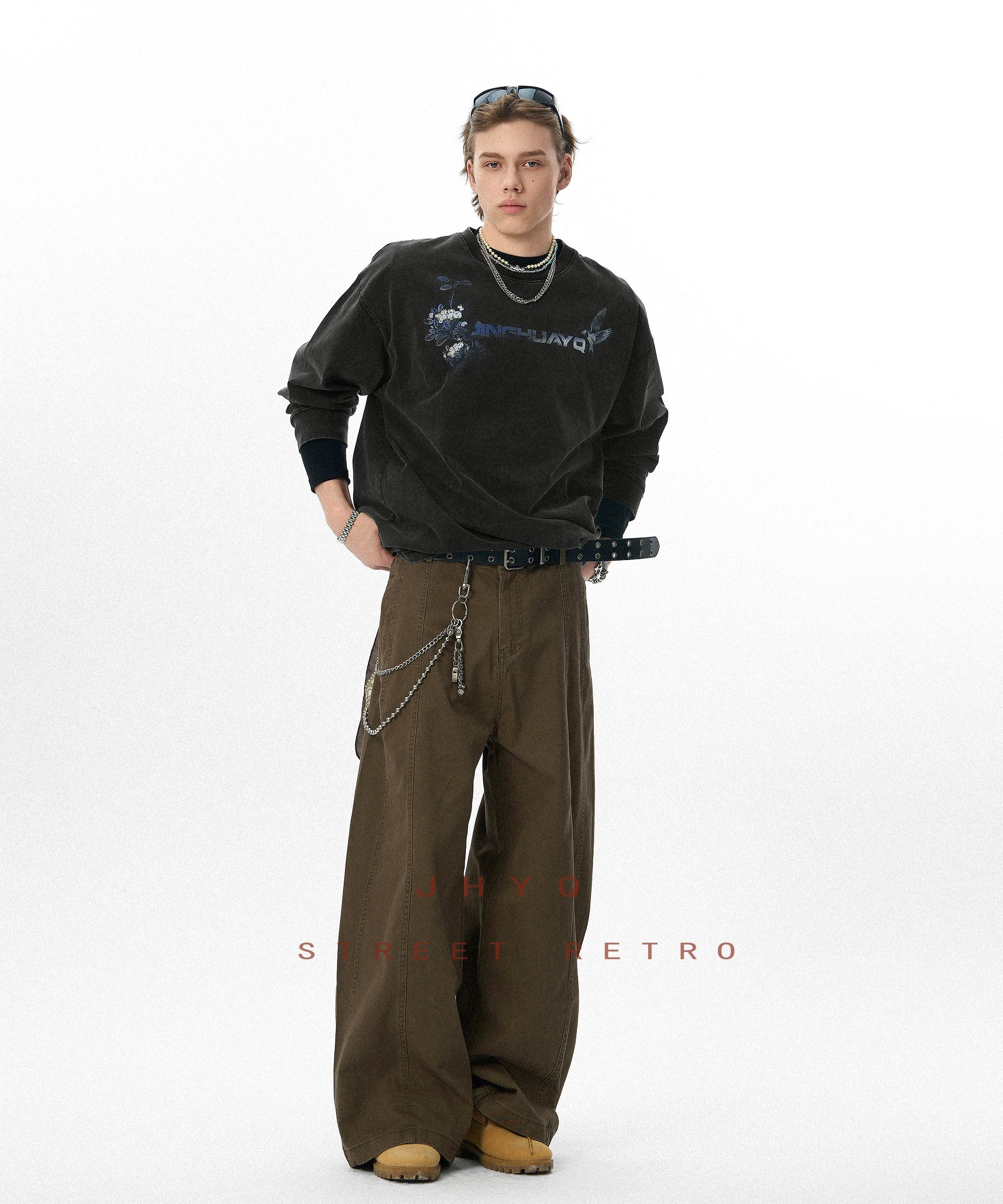 花鸟之语丨JHYQ美式复古水洗320重磅长袖T恤男士字母做旧印花卫衣