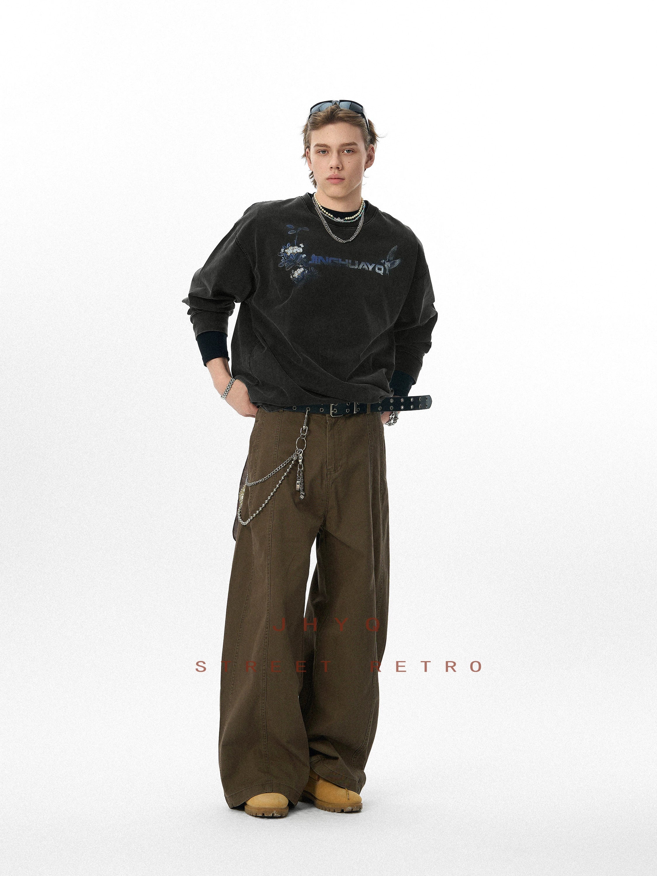 花鸟之语丨JHYQ美式复古水洗320重磅长袖T恤男士字母做旧印花卫衣