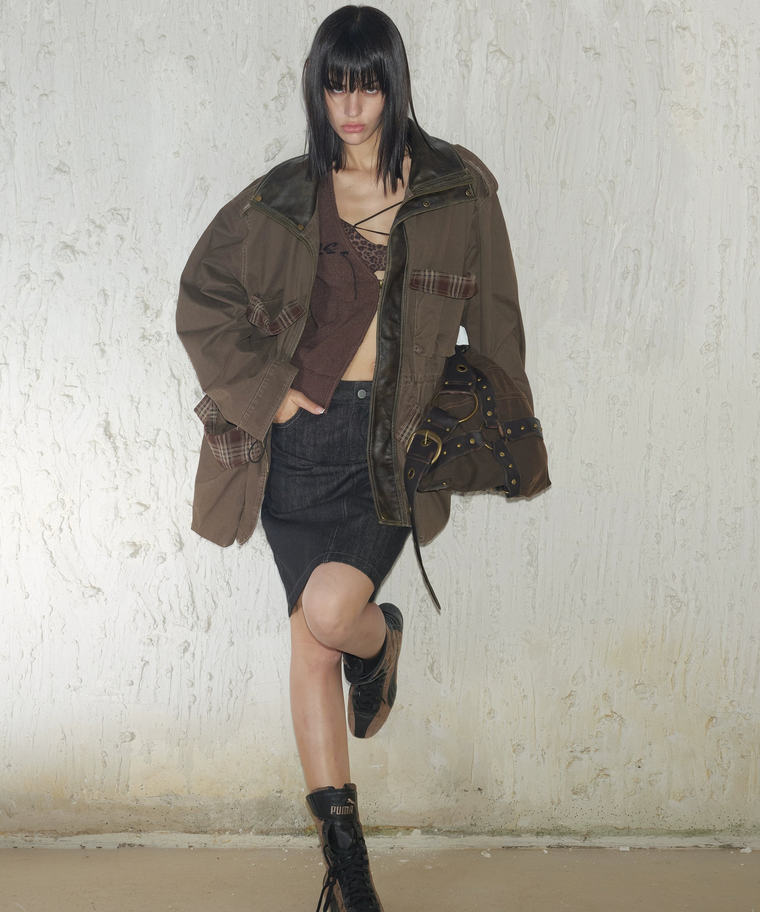 2th Desire重工做旧磨破复古拼色拉链中长款立体口袋工装风衣外套