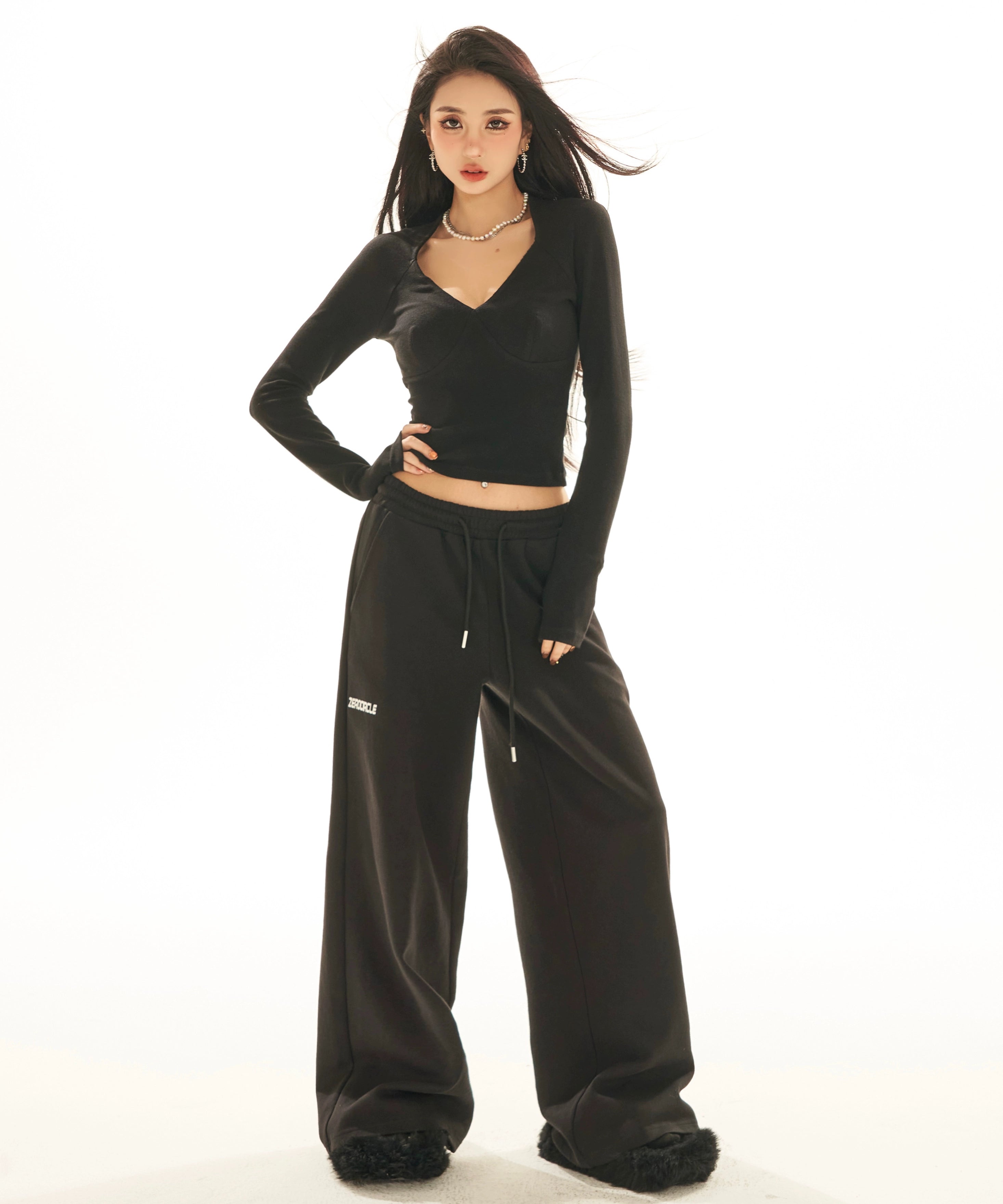 野生zerocircle 黑白灰色v领打底衫女春秋季内搭短款针织长袖上衣