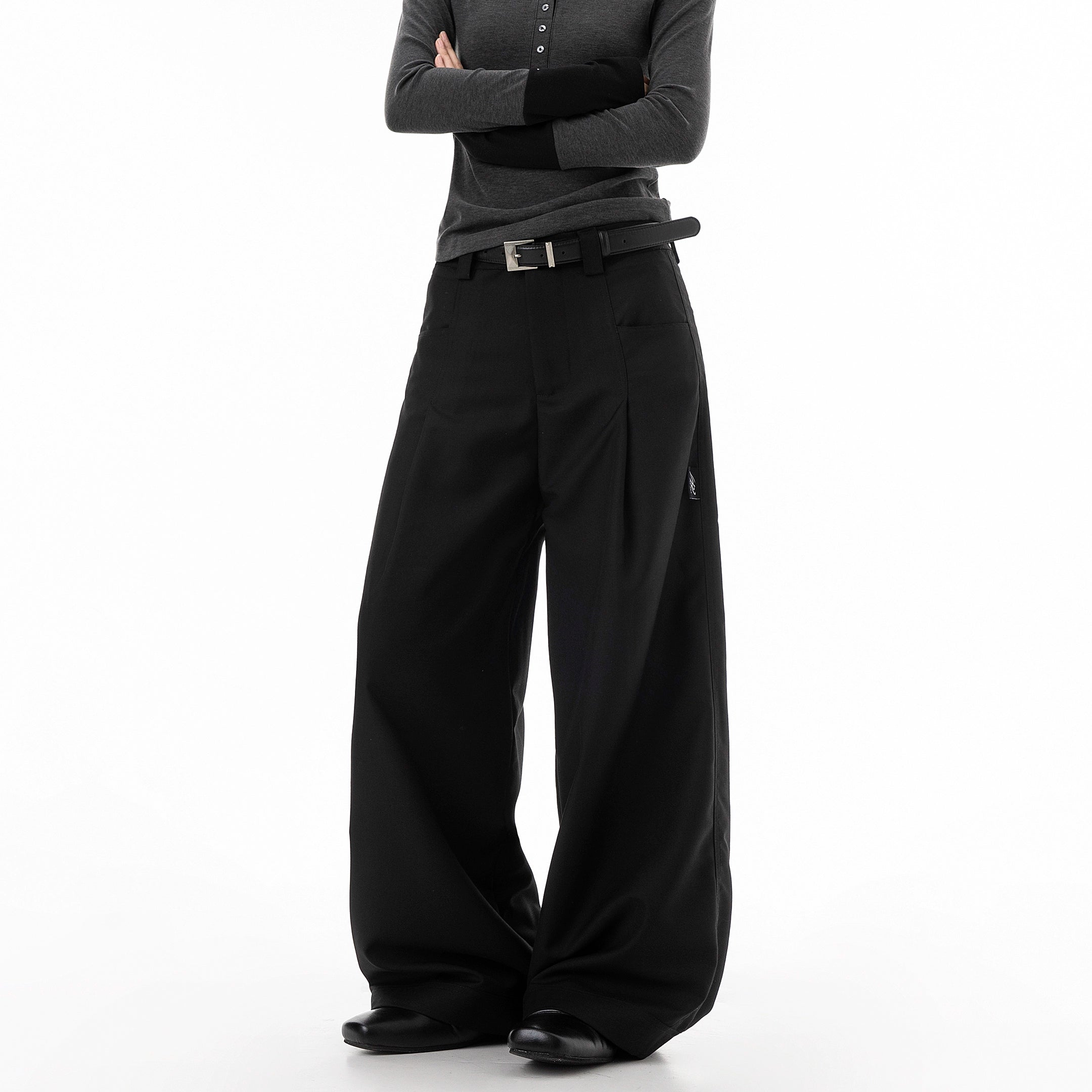 ICH MODE 美式复古刺绣休闲裤女秋冬宽松直筒裤阔腿裤垂感西装裤