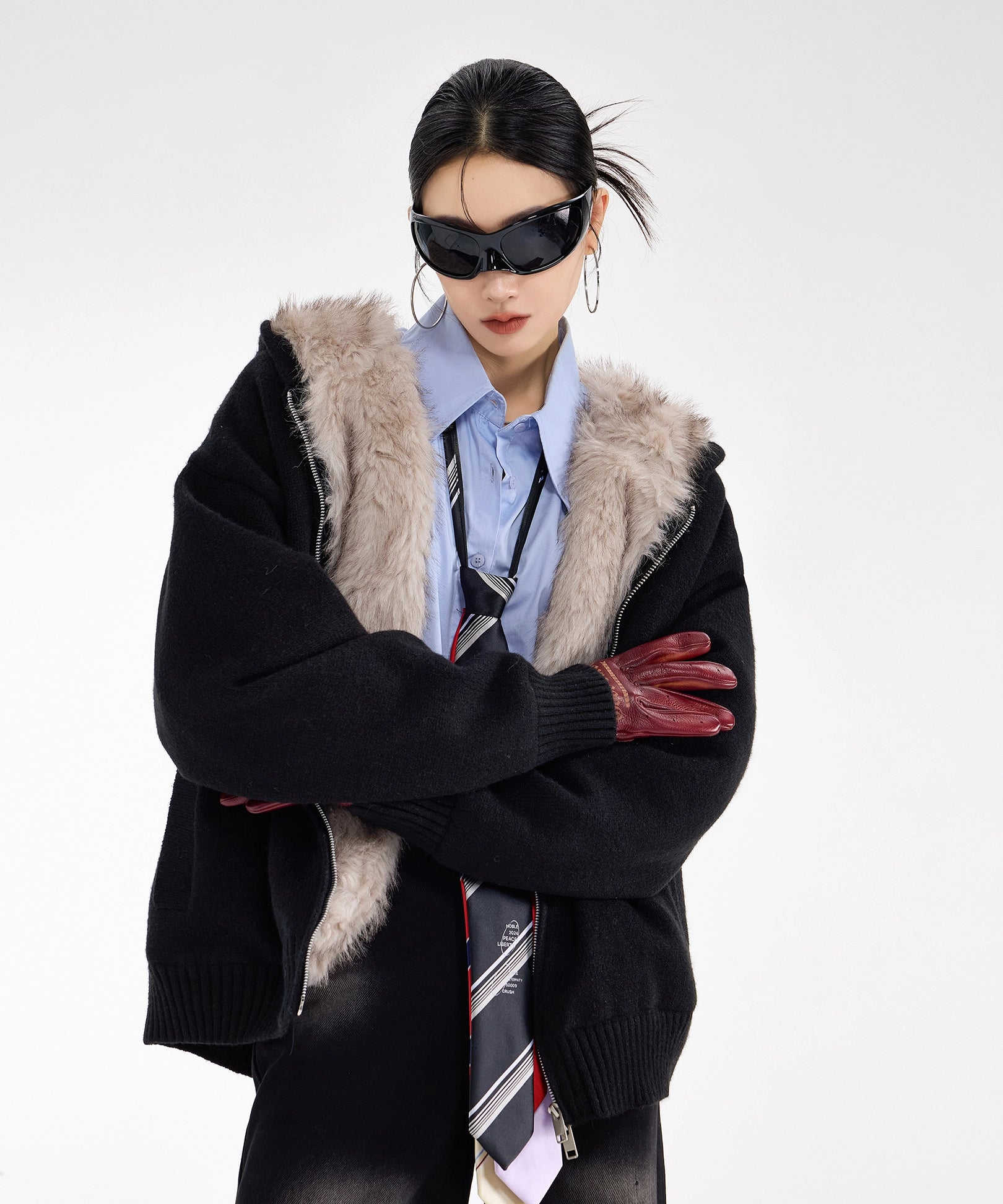 ICH MODE 美式复古座山雕针织开衫棉服女秋冬季宽松加厚棉衣外套