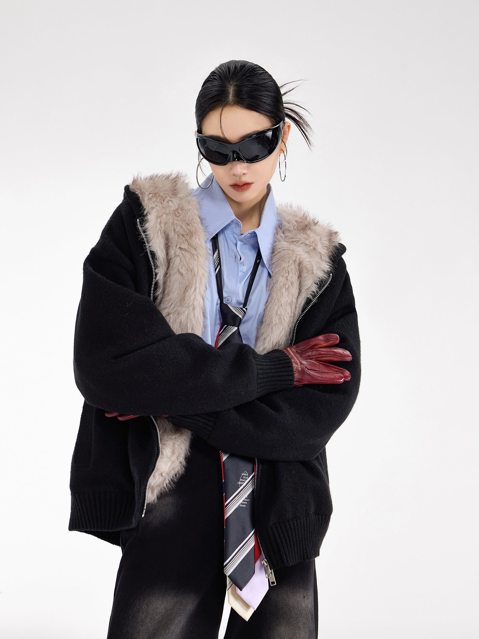 ICH MODE 美式复古座山雕针织开衫棉服女秋冬季宽松加厚棉衣外套