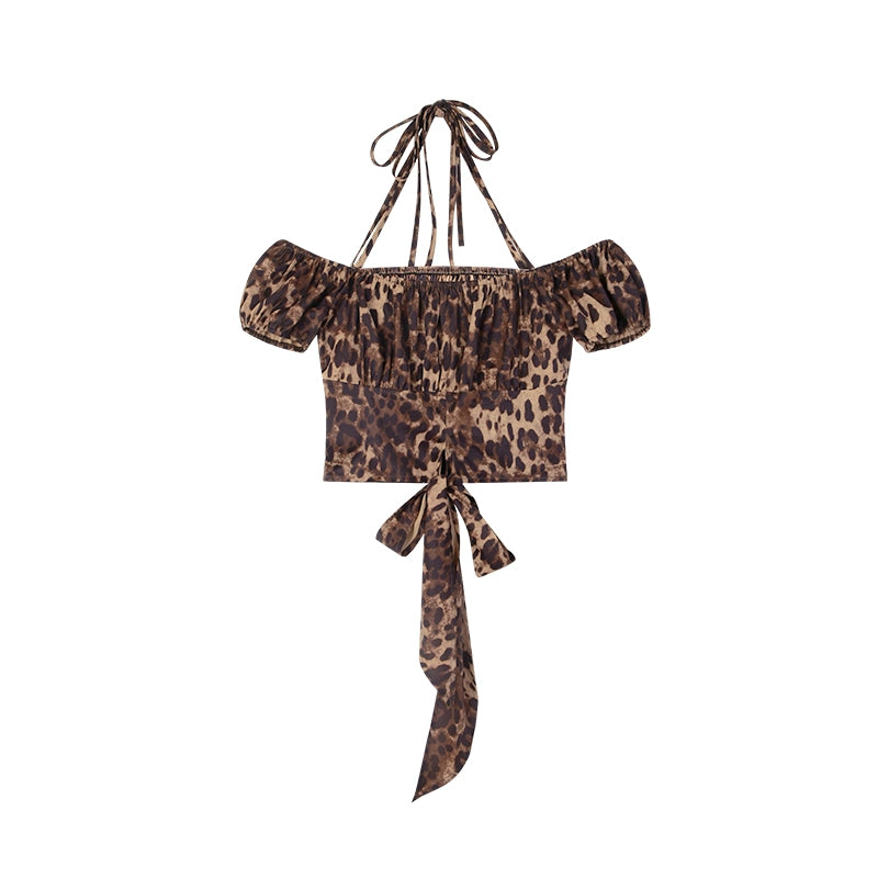 野生zero 辣妹套装裙女夏一字肩泡泡袖挂脖短款小衫上衣a字长裙子