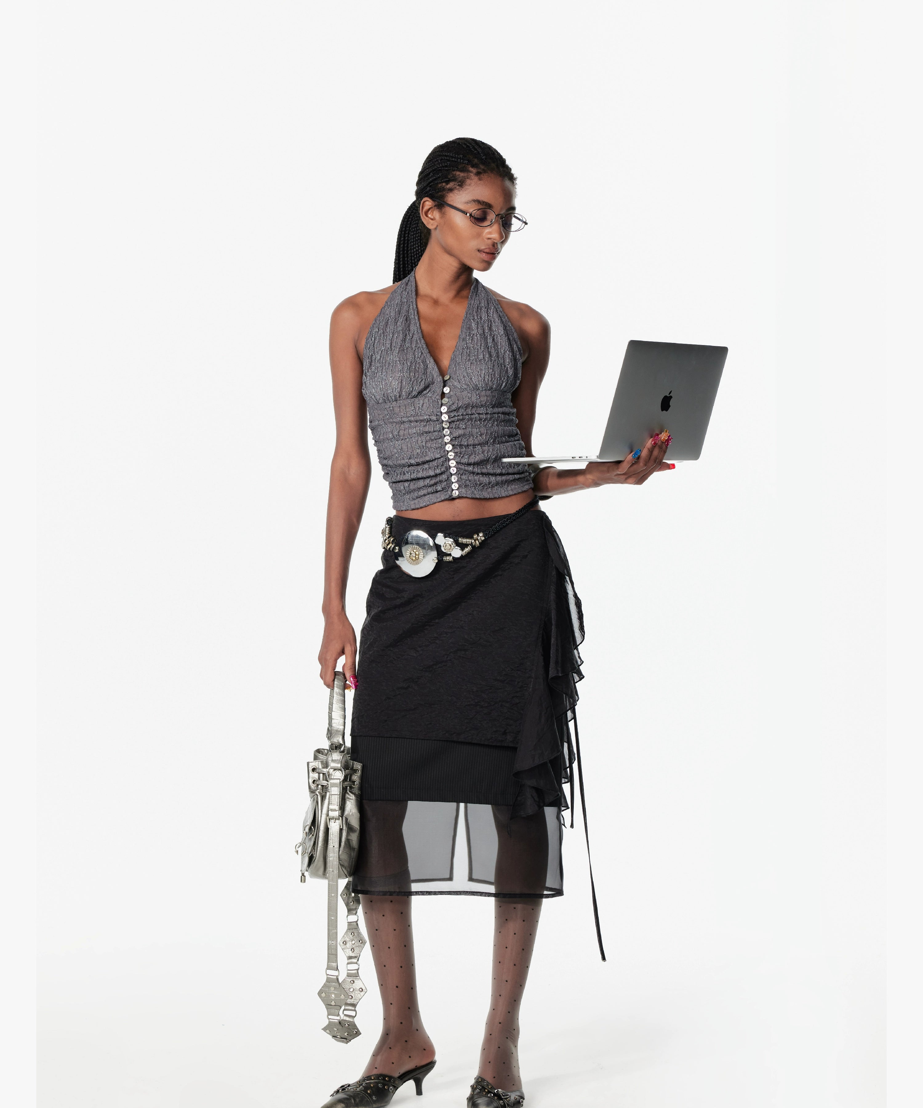 2th Desire亮闪肌理不规则豹纹褶皱贝壳扣辣妹背心吊带挂脖上衣女