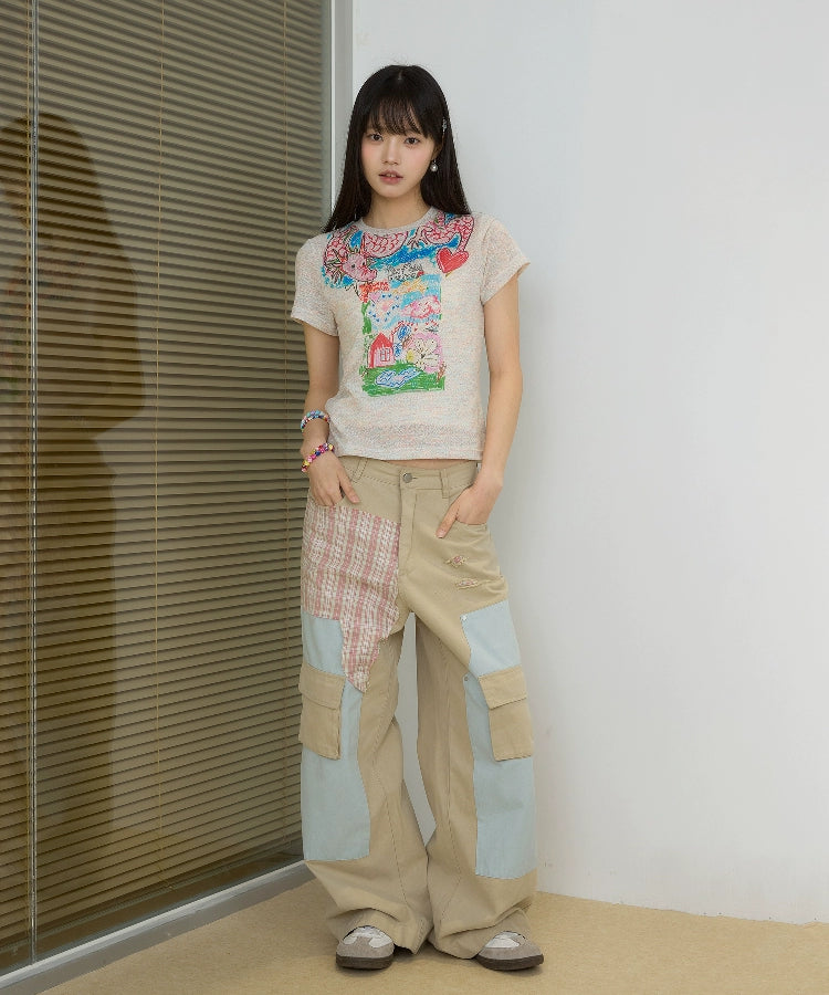 “过肩龙”| eeee原创涂鸦彩纱短袖修身少女感温柔风辣妹T恤夏季